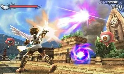 Cảnh chiến đấu trên không trong Kid Icarus Uprising trên Nintendo 3DS, với nhân vật Pit