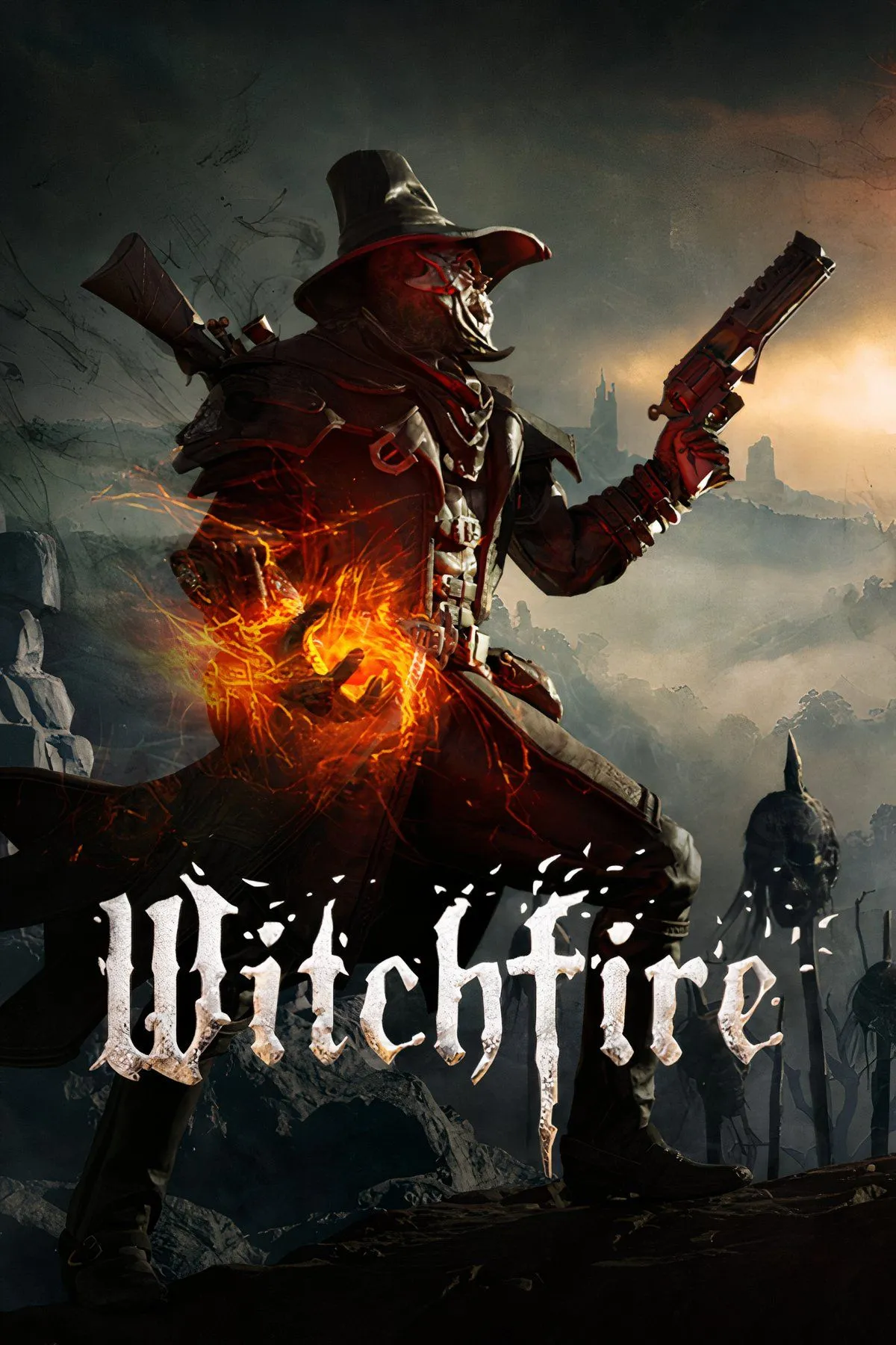 Cảnh chiến đấu trong game bắn súng roguelike Witchfire với đồ họa giả tưởng đen tối chân thực