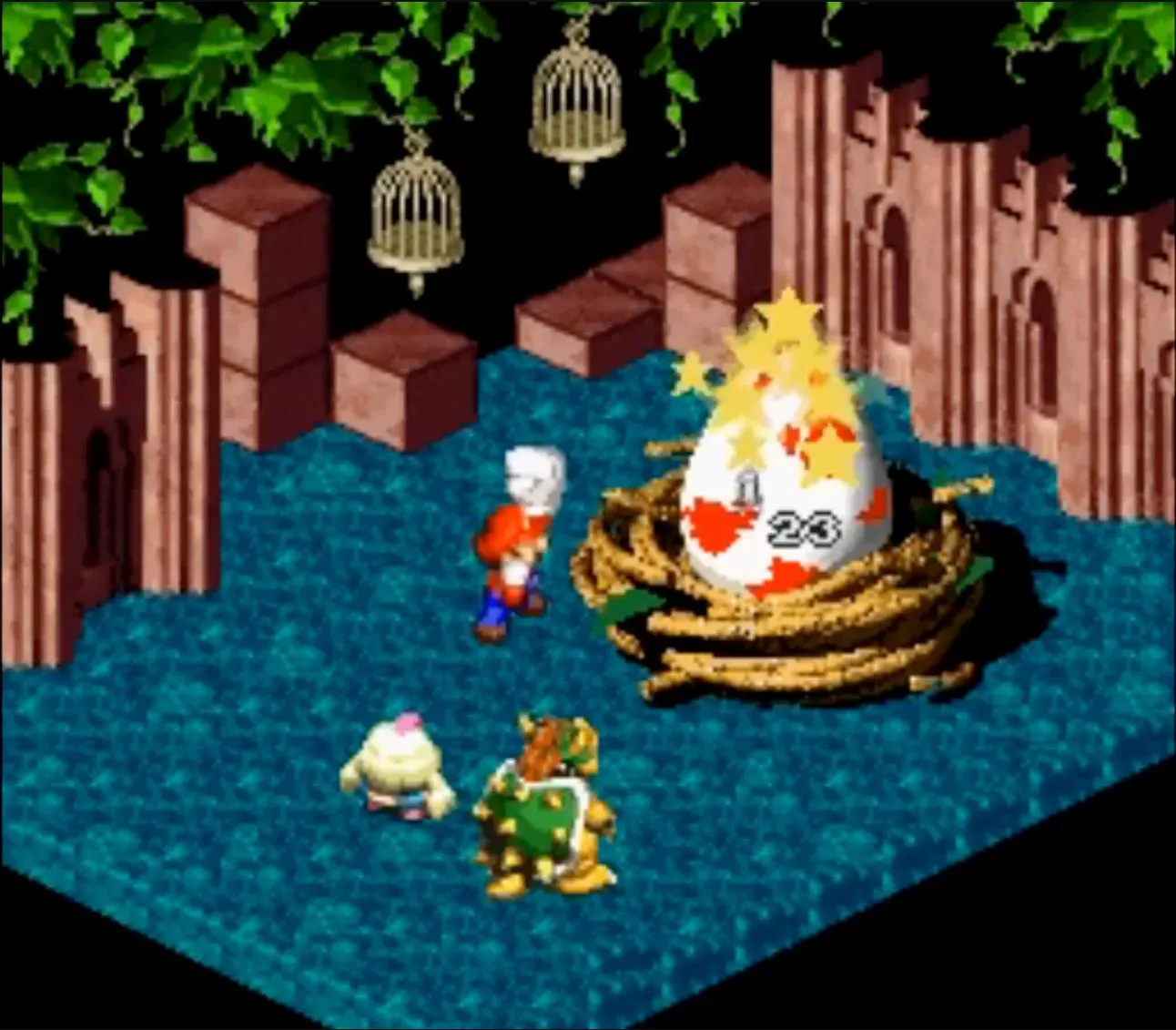 Cảnh chiến đấu trong Super Mario RPG trên hệ máy SNES, thể hiện đồ họa isometric và giao diện nhập vai theo lượt.