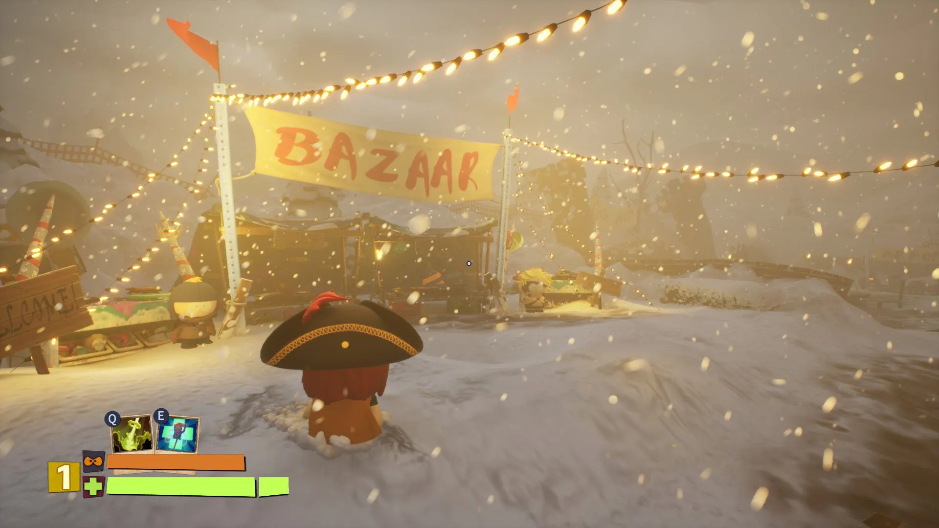 Cảnh chơi game South Park: Snow Day! với các nhân vật 3D trong môi trường tuyết phủ.