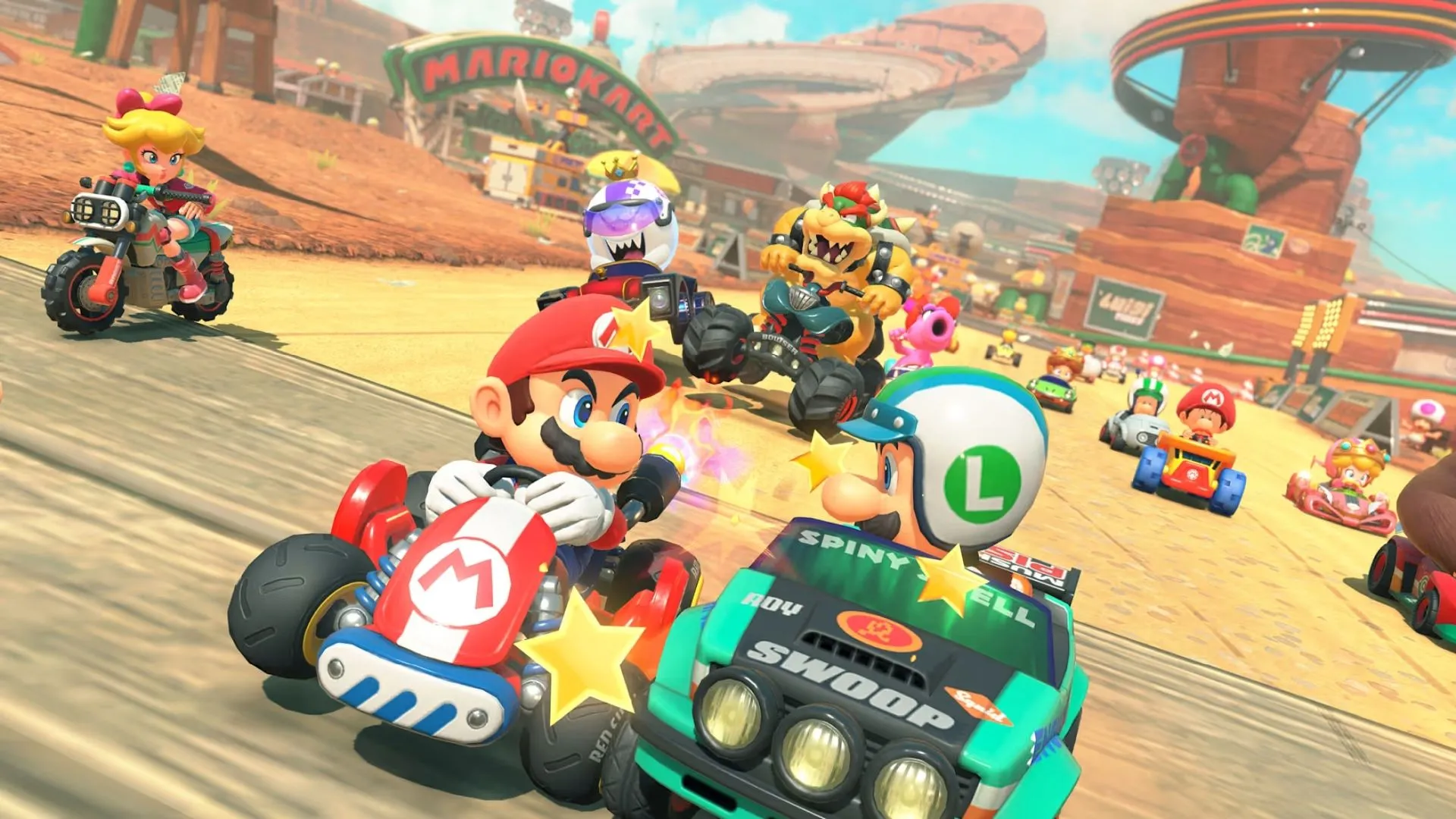 Cảnh đua xe đông đúc và hỗn loạn trong Knockout Tour Mario Kart World
