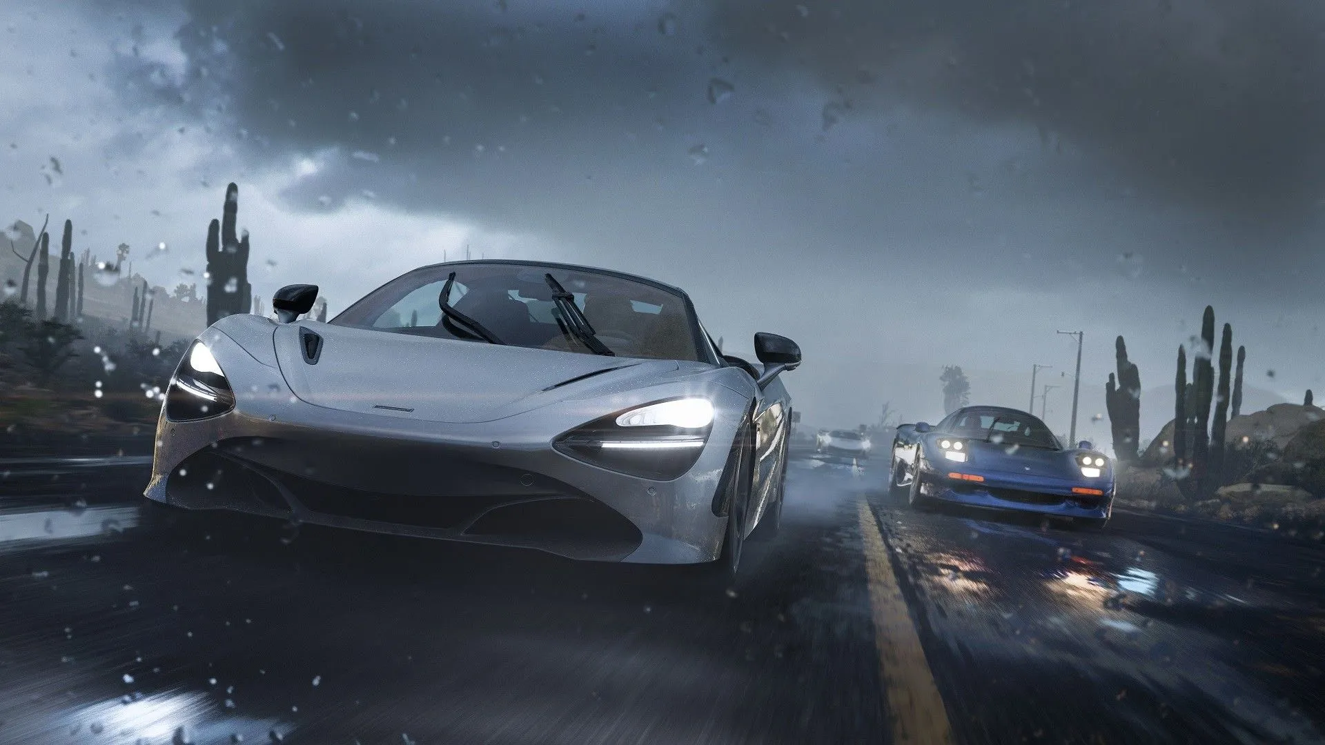 Cảnh đua xe tốc độ cao trên đường phố trong game Forza Horizon 5, với hiệu ứng thời tiết thực tế.