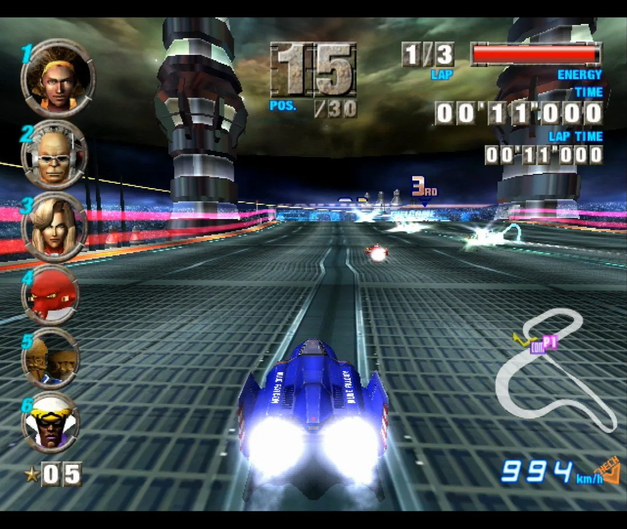 Cảnh đua xe tốc độ cao trong F-Zero GX trên GameCube, với đồ họa tương lai rực rỡ và hiệu ứng ấn tượng khi giả lập trên Raspberry Pi 5