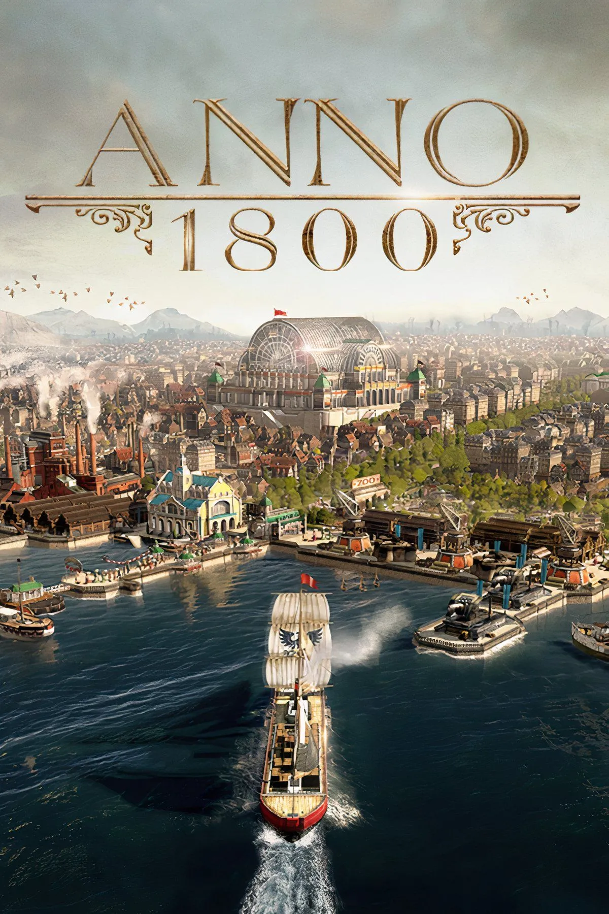 Cảnh game Anno 1800 với một thành phố công nghiệp phát triển bên bờ sông, tàu thuyền hoạt động nhộn nhịp