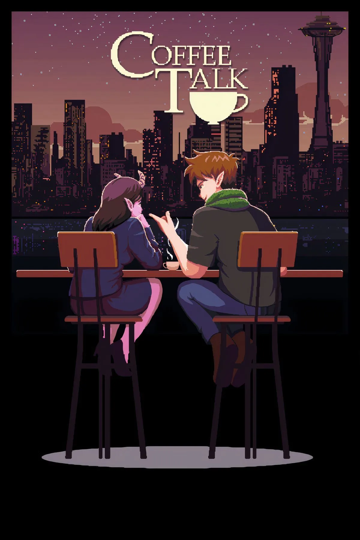 Cảnh game Coffee Talk, một quán cà phê ảo nơi người chơi pha chế đồ uống và lắng nghe câu chuyện của khách hàng.