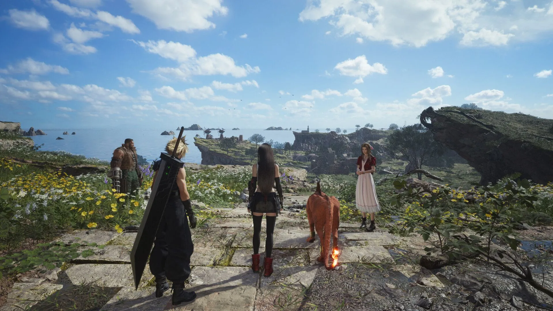 Cảnh game Final Fantasy VII Rebirth, nhóm nhân vật chính gồm Cloud, Tifa, Aerith, Barret, Red XIII nhìn ra khung cảnh đại dương và những ngọn núi hùng vĩ.