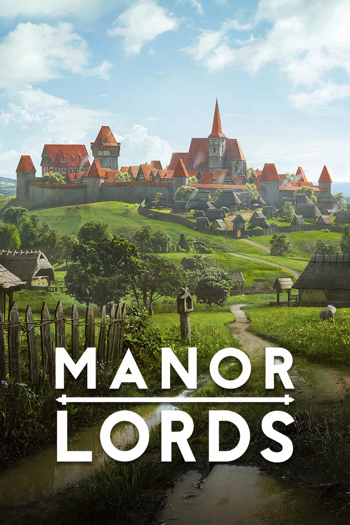 Cảnh game Manor Lords với một ngôi làng thời Trung Cổ, lâu đài và cánh đồng xanh mướt