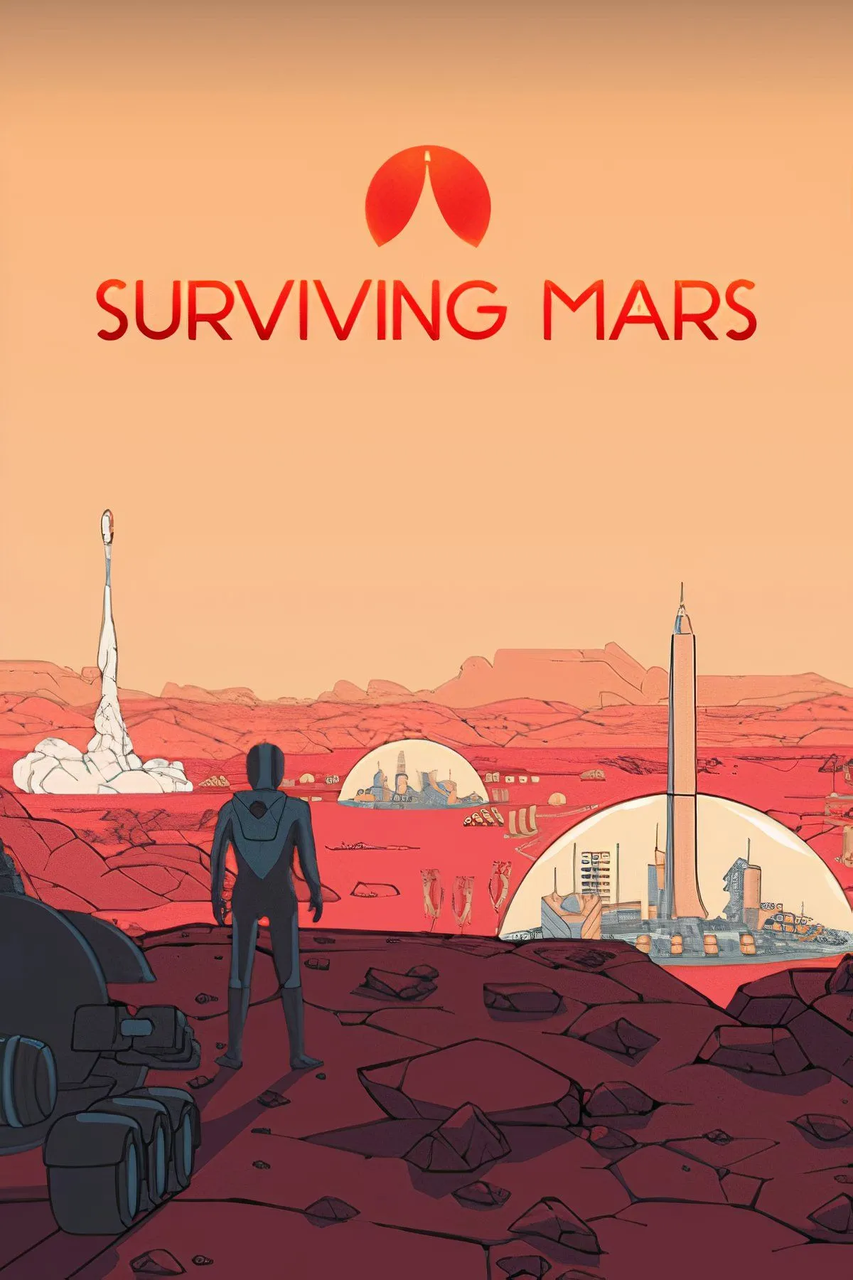 Cảnh game Surviving Mars hiển thị một căn cứ trên Sao Hỏa với các mái vòm và thiết bị sinh tồn