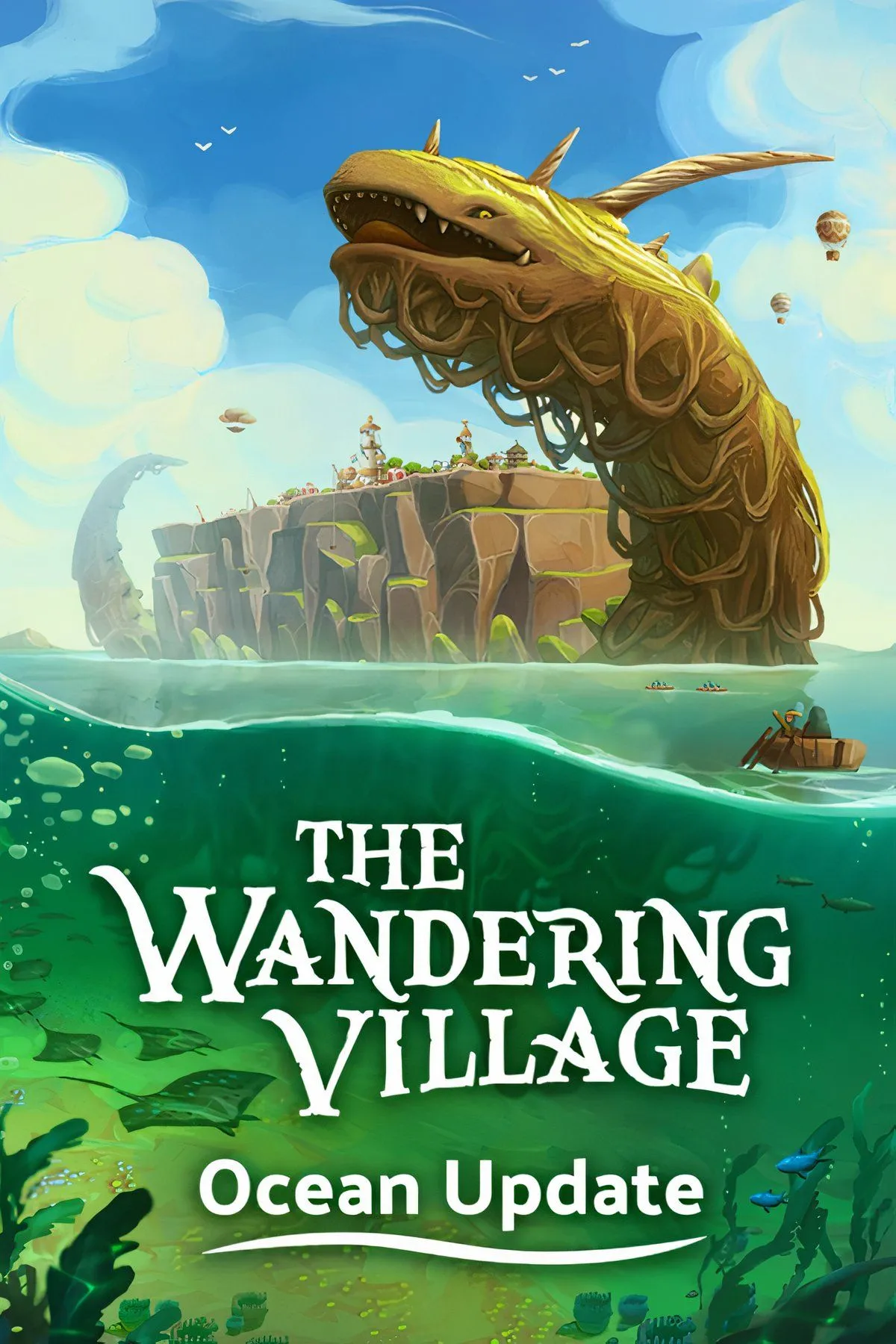 Cảnh game The Wandering Village với một ngôi làng trên lưng sinh vật khổng lồ đi qua sa mạc