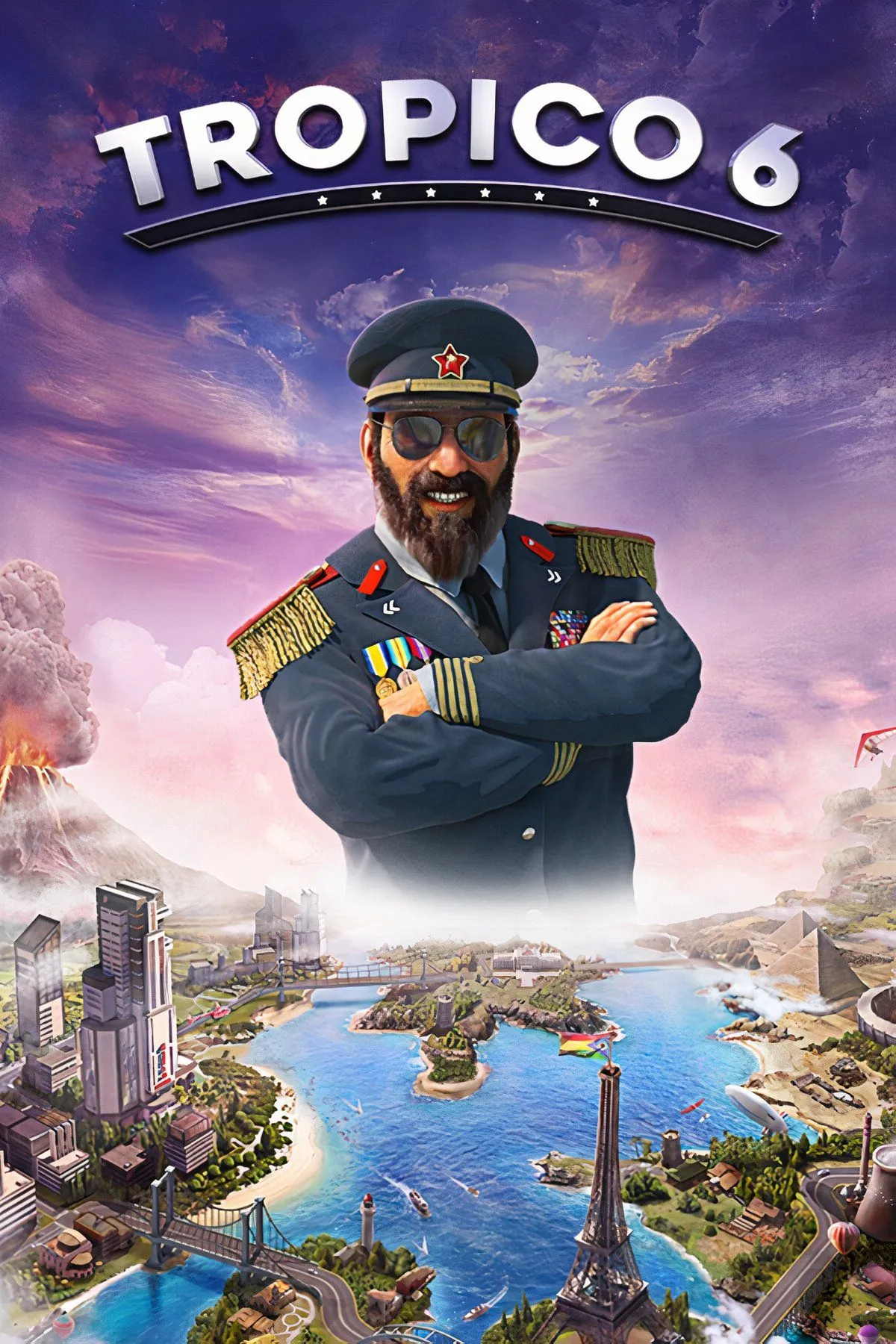 Cảnh game Tropico 6 với một hòn đảo nhiệt đới sôi động, các tòa nhà chính phủ và nhà máy công nghiệp