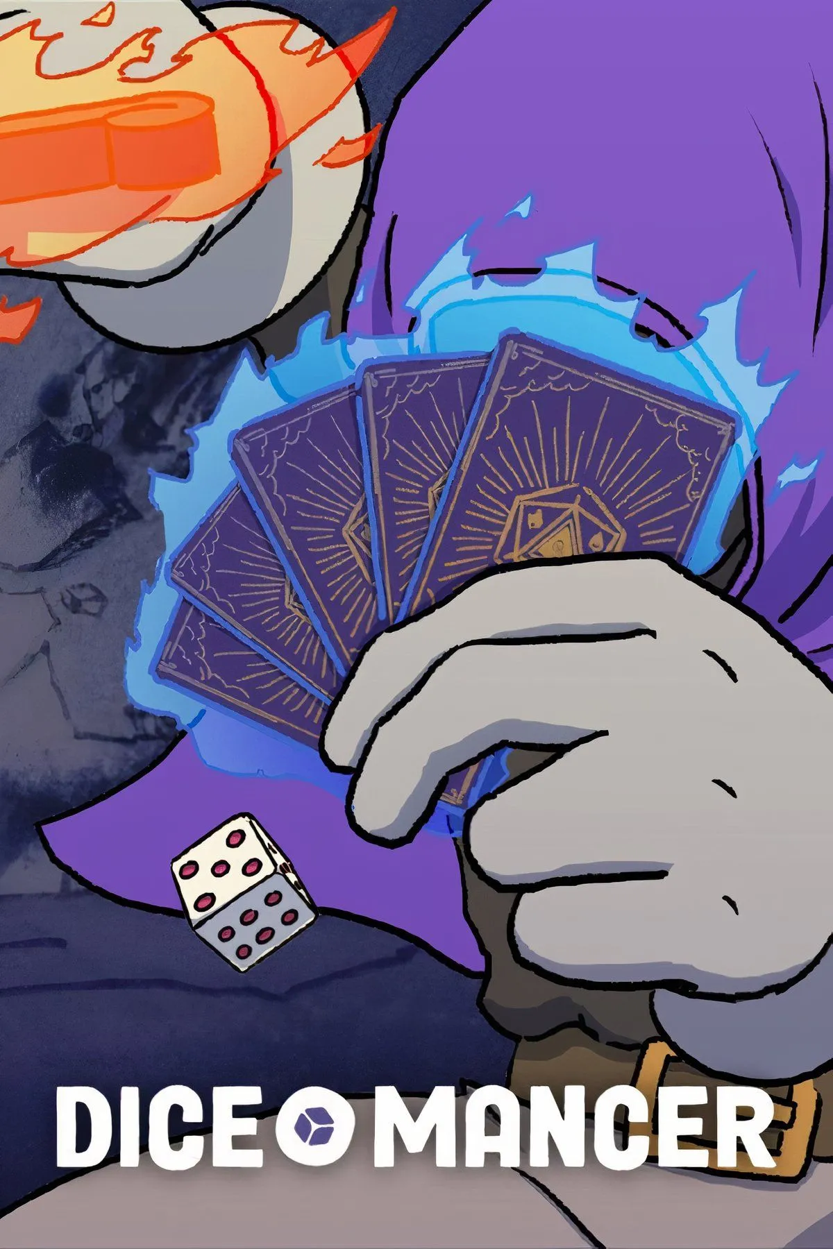 Cảnh gameplay của Diceomancer với giao diện chiến đấu hiển thị các lá bài, xúc xắc và thanh máu của quái vật