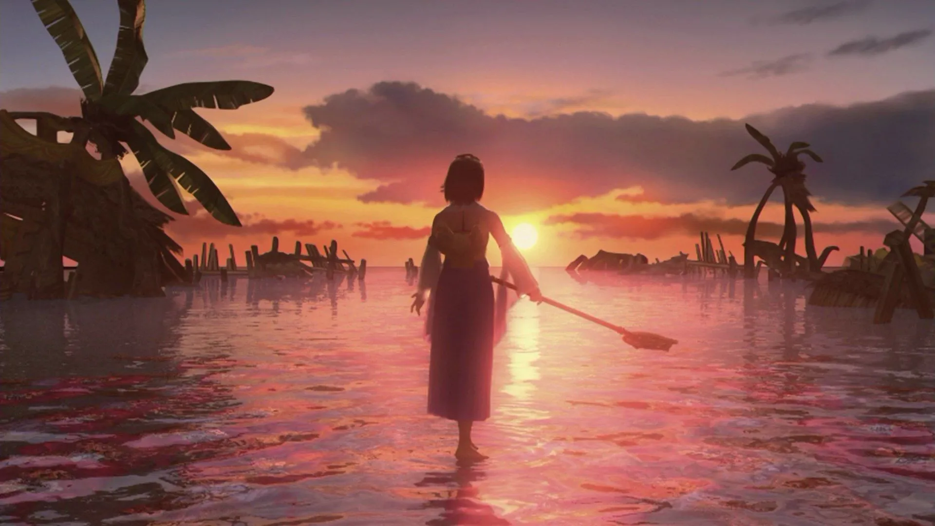 Cảnh gameplay Final Fantasy X với nhân vật đang đứng trong một môi trường đô thị cổ kính, thể hiện thế giới Spira