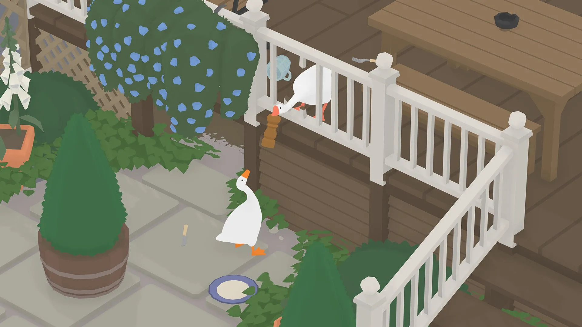 Cảnh gameplay từ tựa game Untitled Goose Game, nơi một chú ngỗng quậy phá đang mang một vật phẩm màu đỏ trong mỏ, gây rắc rối cho người dân trong làng.