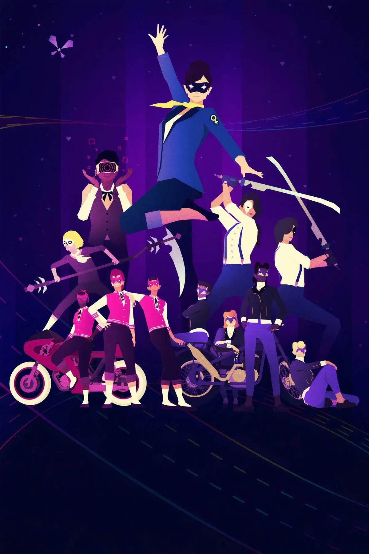 Cảnh hành động nhịp điệu trong Sayonara Wild Hearts, với đồ họa neon và tốc độ cao
