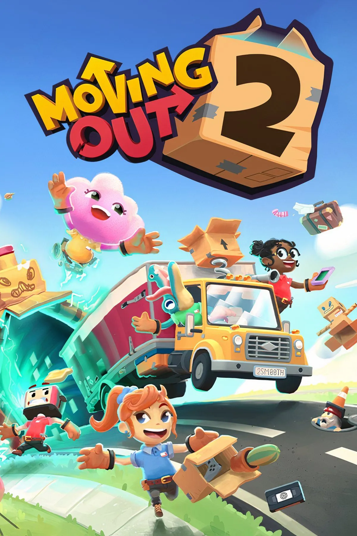 Cảnh hoạt hình từ game Moving Out 2, thể hiện các nhân vật đang di chuyển đồ đạc lộn xộn
