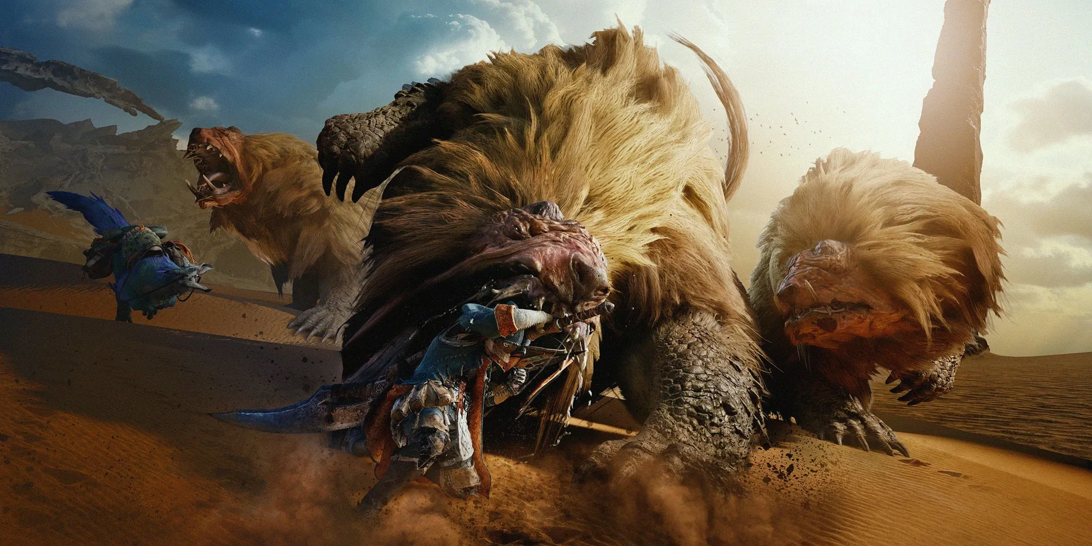 Cảnh một thợ săn đối đầu quái vật trong bản beta Monster Hunter Wilds