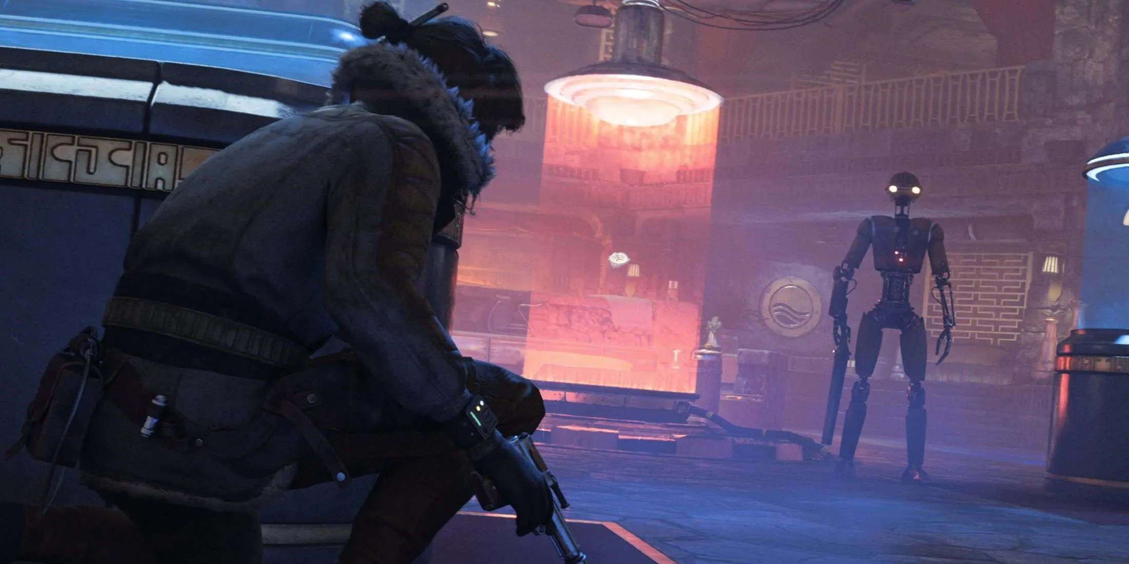Cảnh nhân vật Kay Vess và người bạn đồng hành Nix thực hiện nhiệm vụ lén lút trong Star Wars Outlaws.