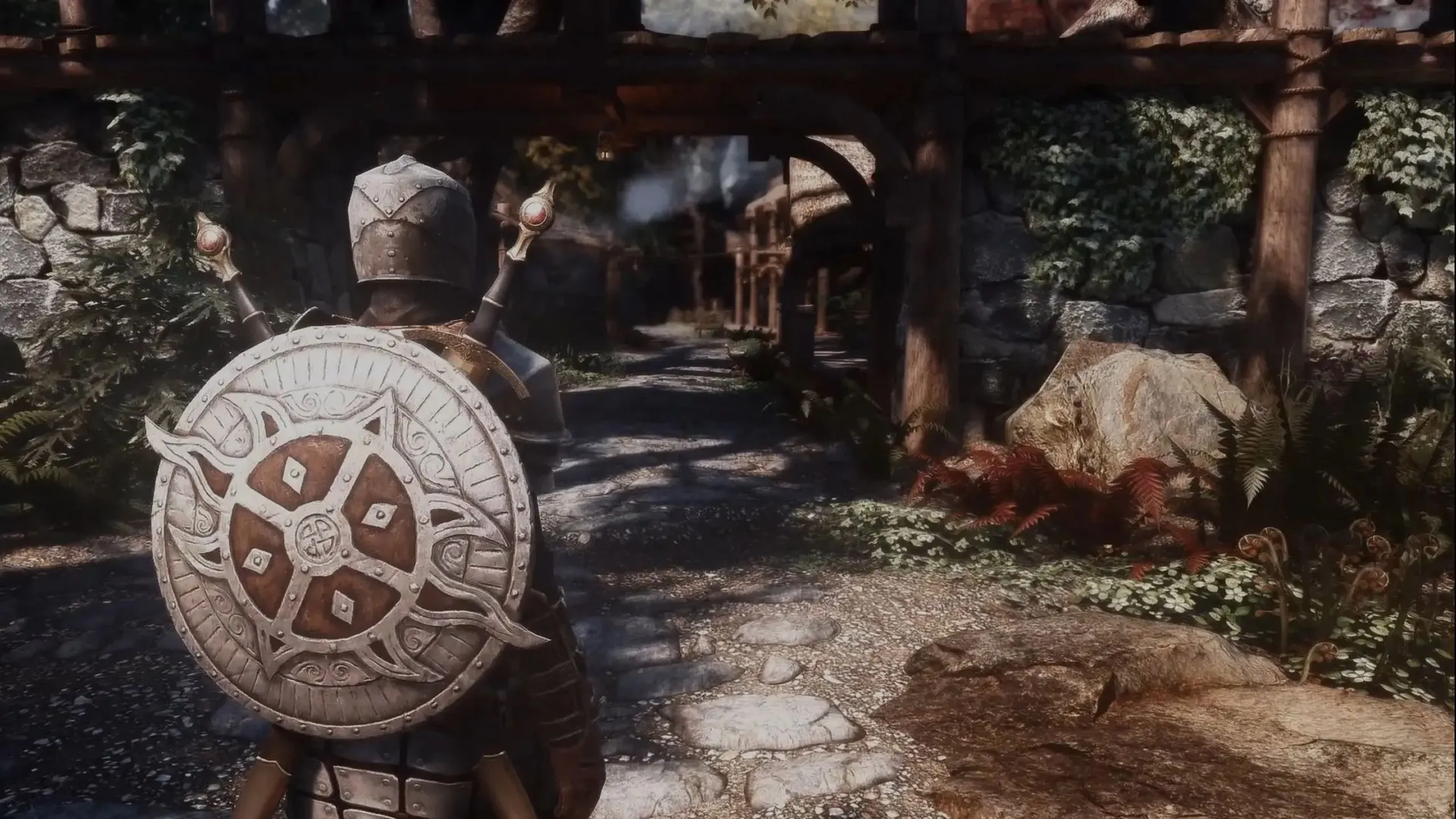 Cảnh quan hùng vĩ của Skyrim với shader Nolvus ReShade, thể hiện đồ họa thế giới mở đỉnh cao