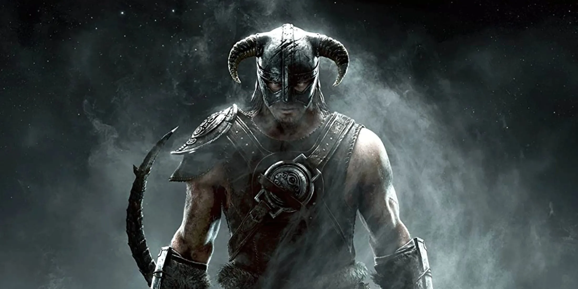 Cảnh quan kỳ vĩ của Skyrim với núi non và bầu trời