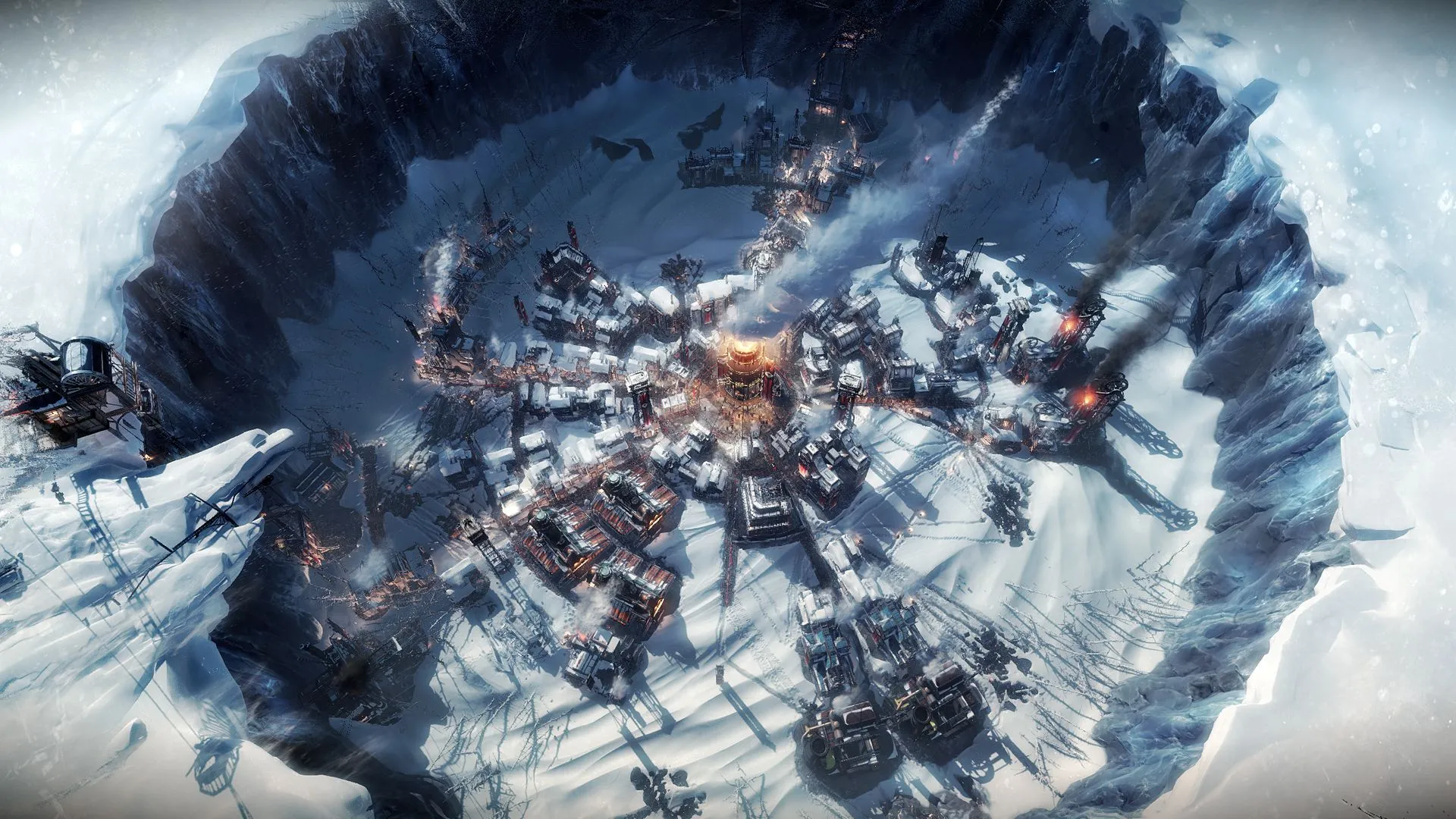 Cảnh quan thành phố New London băng giá trong game Frostpunk phiên bản remake, minh họa đồ họa Unreal Engine 5.