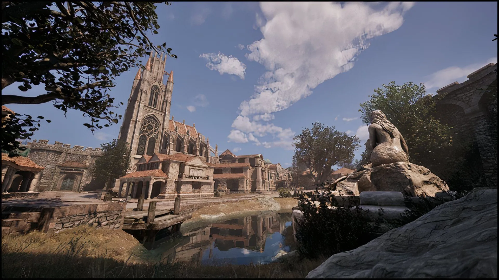 Cảnh quan thành phố trong Oblivion Remastered với đồ họa hiện đại hóa