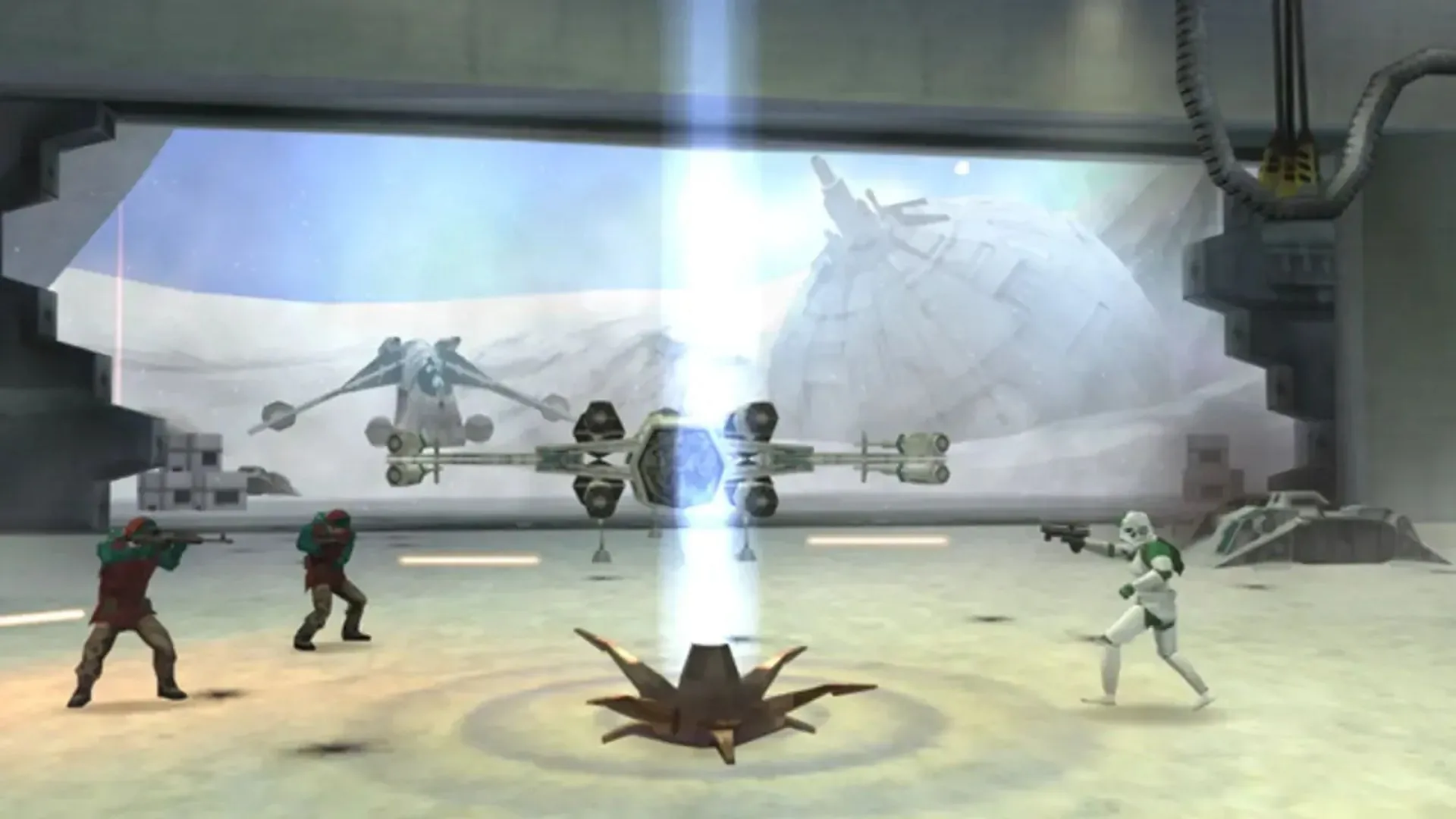 Cảnh quay trong game Star Wars Battlefront Elite Squadron trên PSP, thể hiện khả năng chuyển đổi giữa chiến đấu trên mặt đất và không gian.