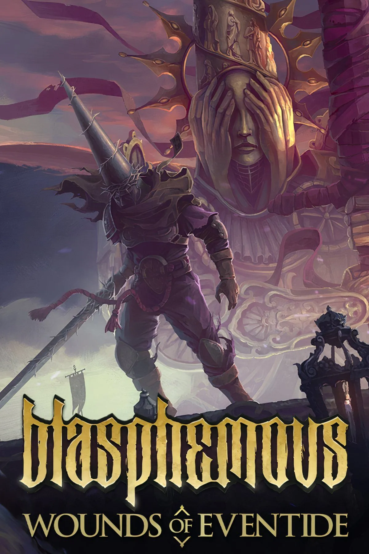 Cảnh trong game Blasphemous, hiển thị nhân vật chính The Penitent One với mũ chóp nhọn đang đối đầu với một con quái vật lớn trong một môi trường Gothic, pixel-art