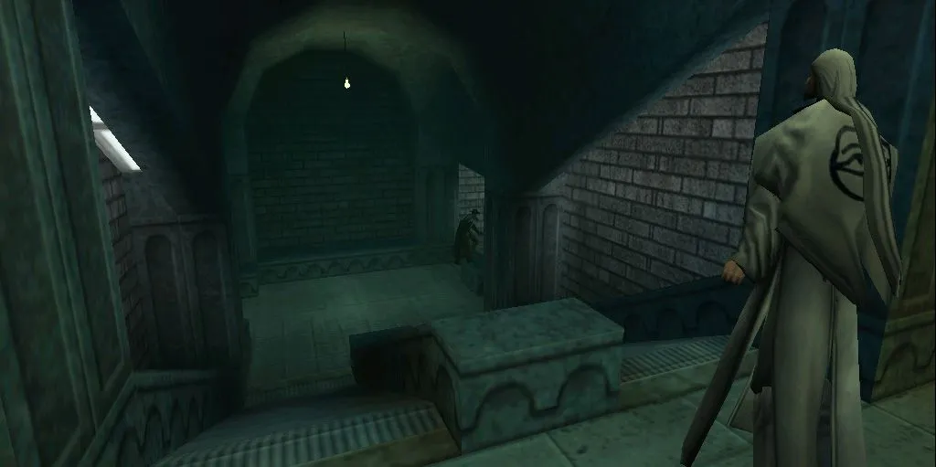 Cảnh trong game Blood II: The Chosen với hai nhân vật trên bậc thang đá