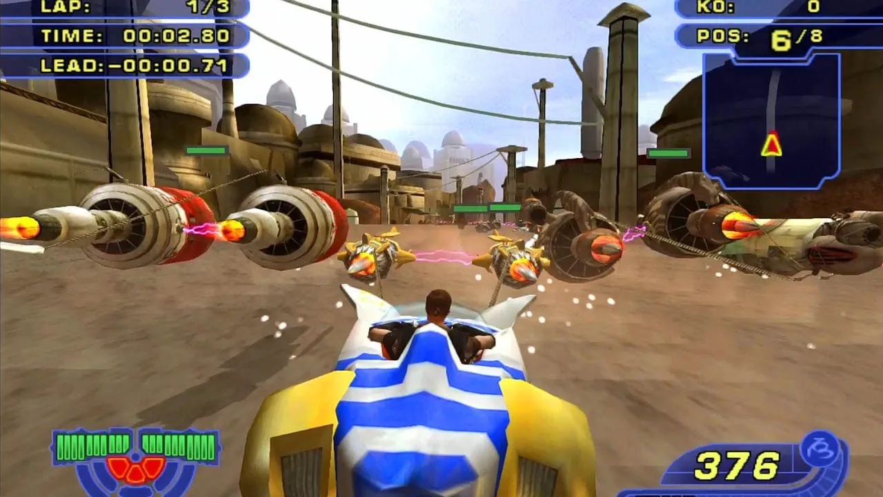 Cảnh trong game đua phi thuyền Star Wars Racer Revenge trên PlayStation 2, thể hiện đồ họa và không khí tốc độ của trò chơi.