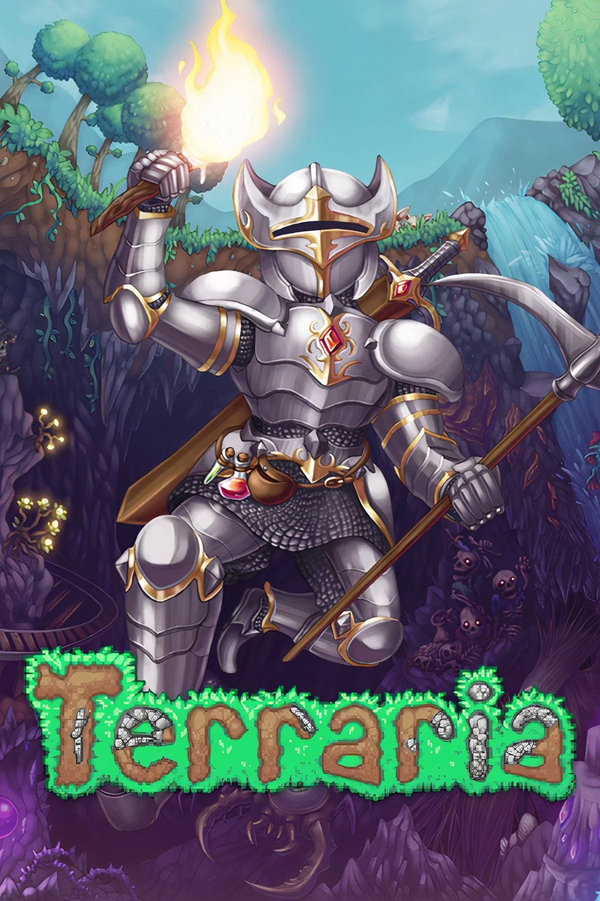 Cảnh trong Terraria, minh họa lối chơi khám phá và xây dựng trong một thế giới pixel rộng lớn