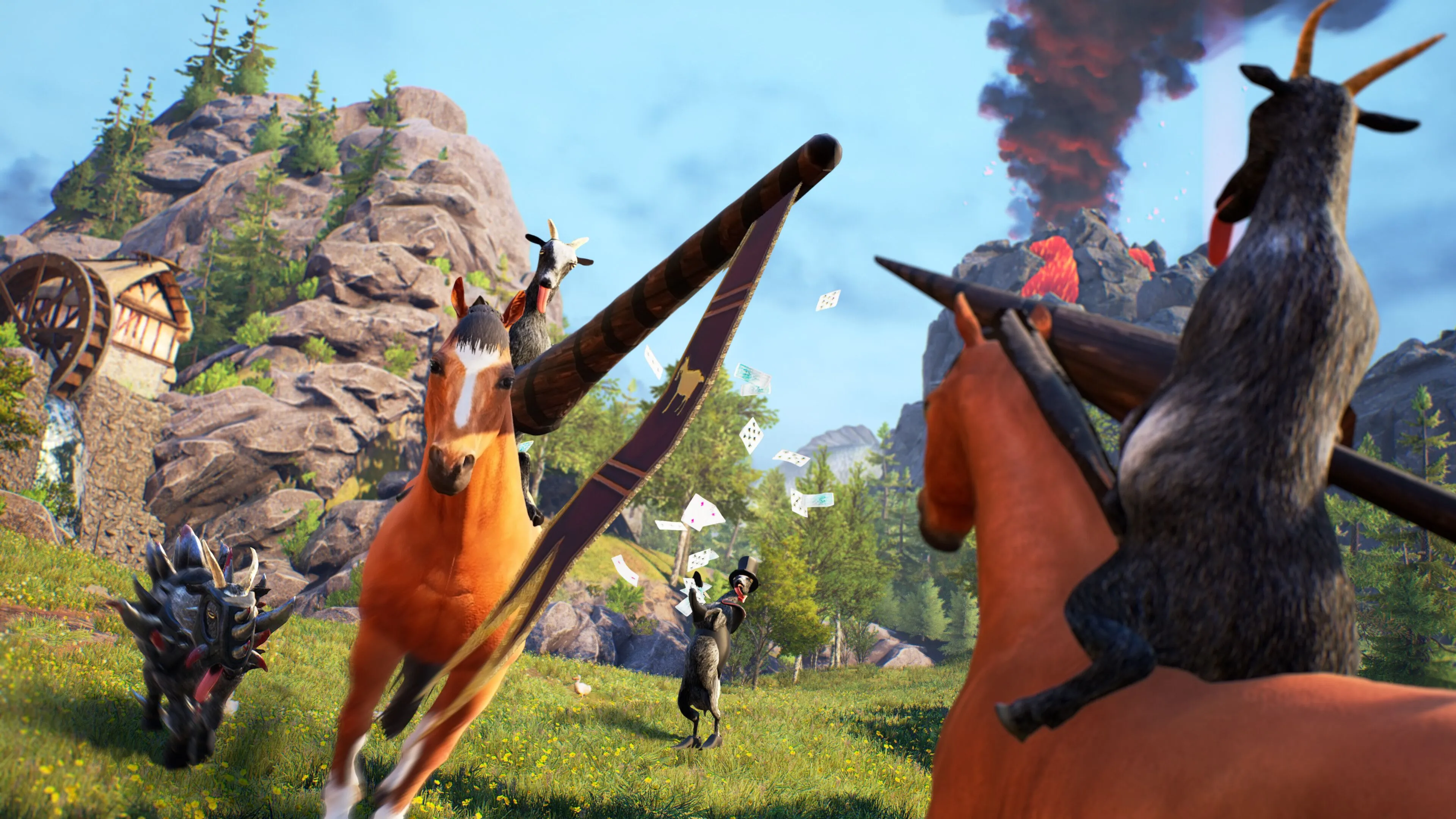 Cảnh tượng hài hước trong Goat Simulator, thể hiện sự điên rồ của một tựa game mô phỏng động vật