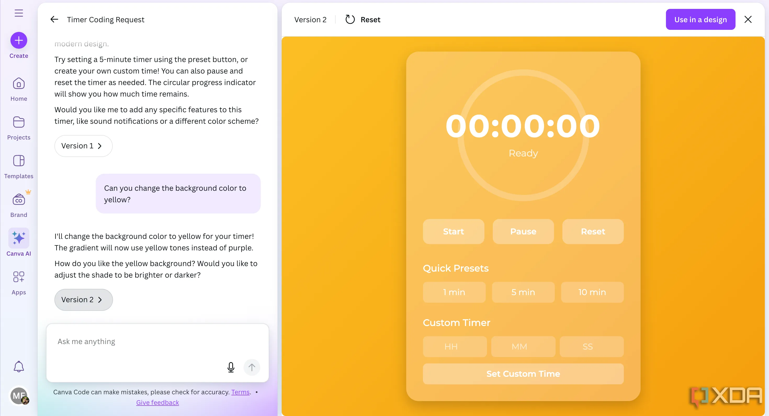 Canva Code thay đổi màu nền bộ đếm thời gian thành màu vàng theo yêu cầu người dùng