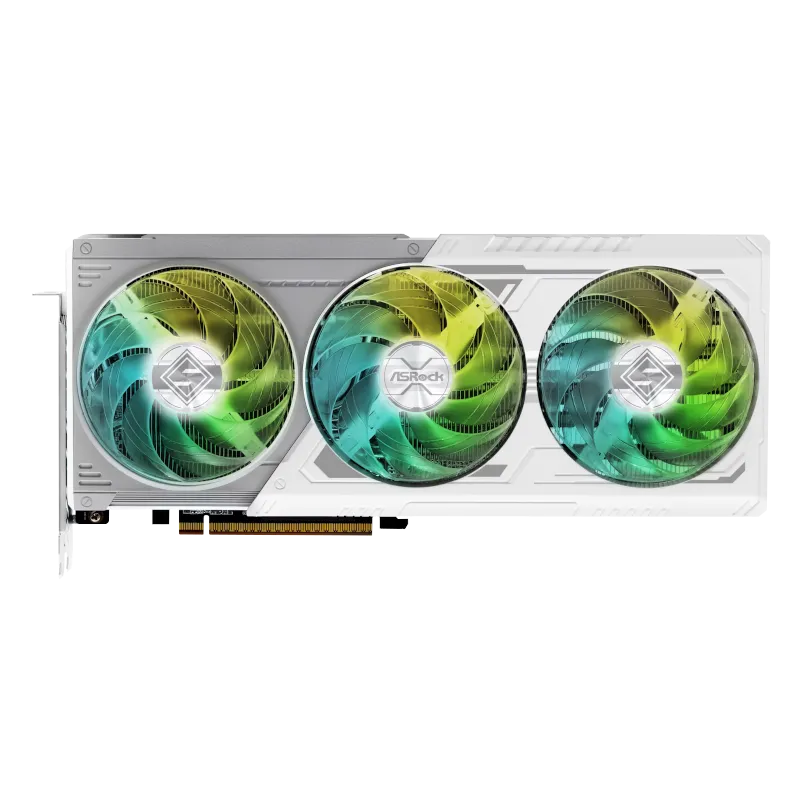 Card đồ họa ASRock Radeon RX 9070 Steel Legend với tông màu trắng bạc đặc trưng