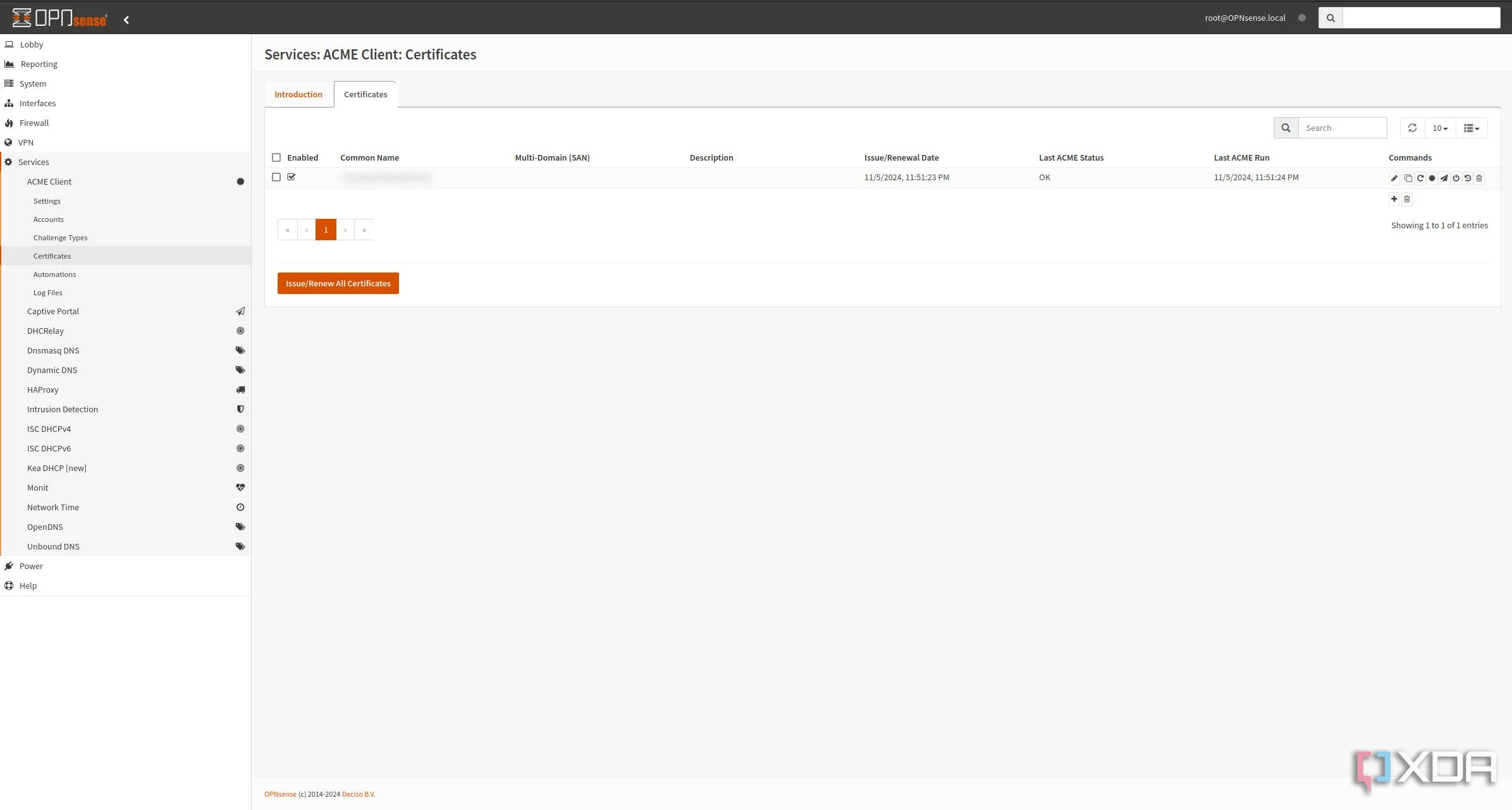 Cấu hình chứng chỉ SSL trong OPNsense, thể hiện tầm quan trọng của SSL cho homelab