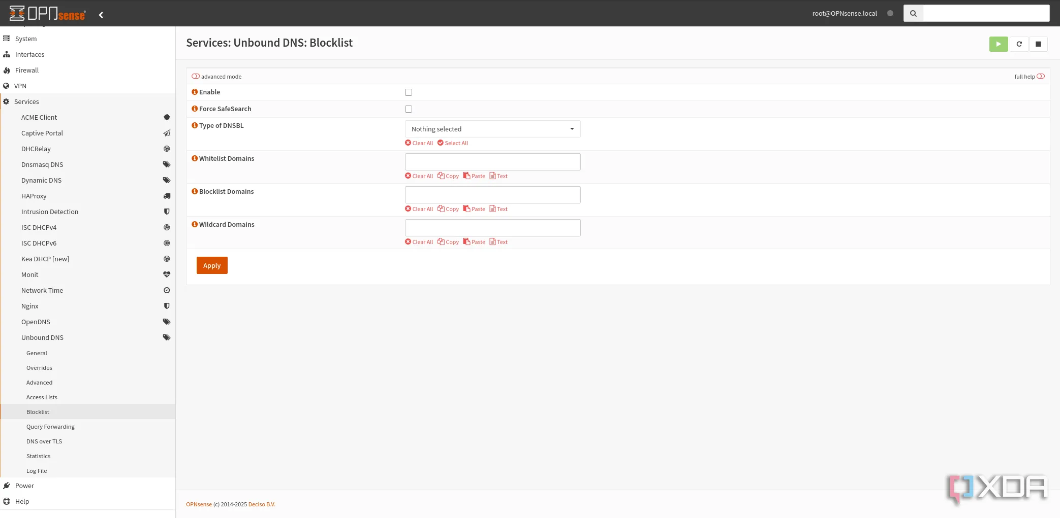 Cấu hình danh sách chặn (blocklist) trong dịch vụ Unbound DNS của OPNsense để lọc tên miền độc hại.