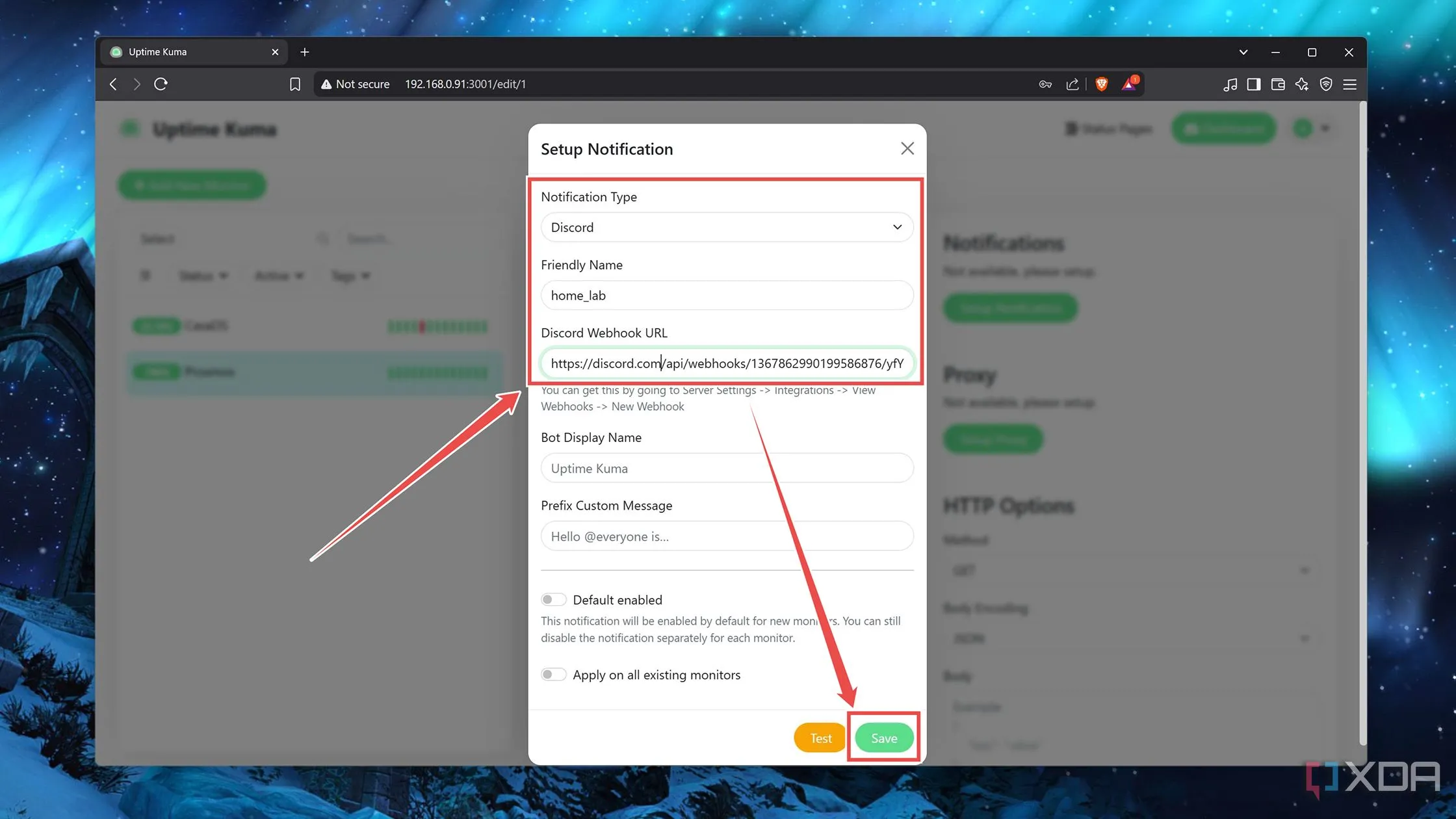 Cấu hình thông báo trong Uptime Kuma với webhook Discord