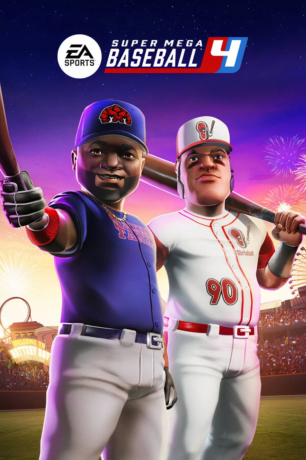 Cầu thủ bóng chày hoạt hình đang chuẩn bị đánh bóng trong Super Mega Baseball 4, game bóng chày arcade vui nhộn cho PC