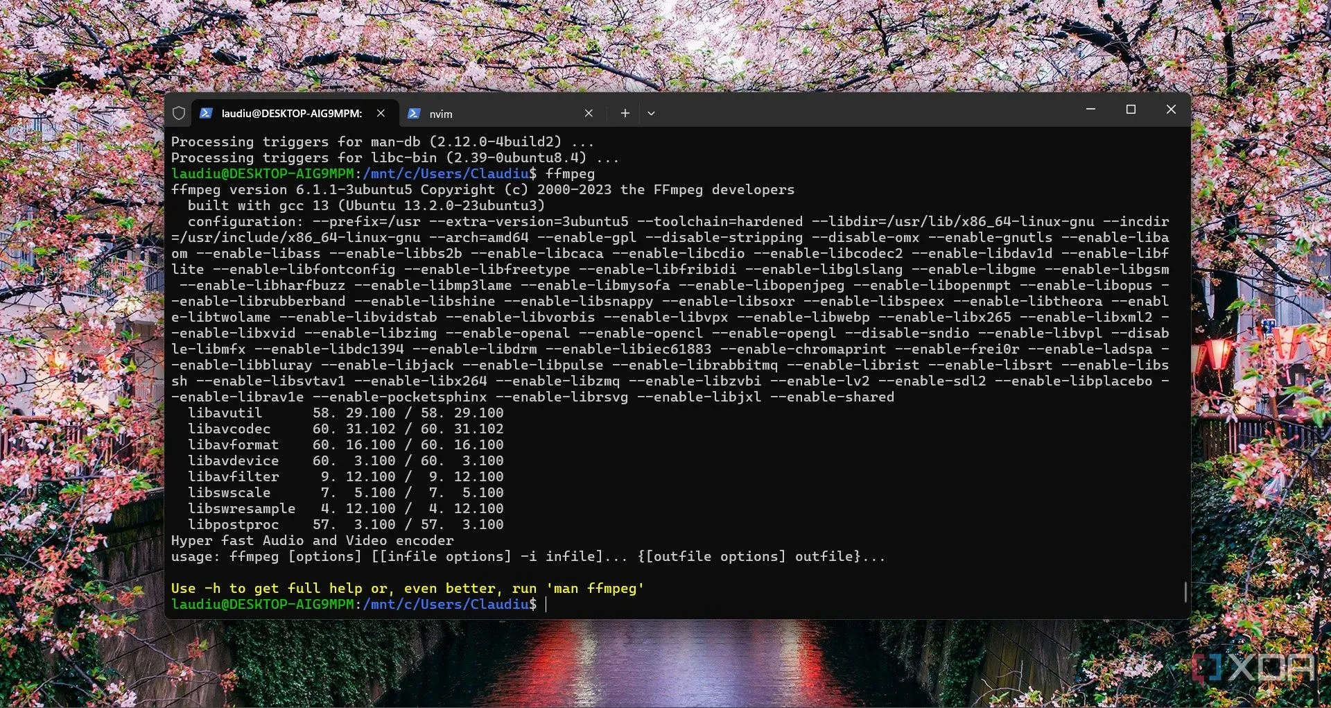 Chạy lệnh ffmpeg trên Windows 11 qua WSL, minh họa khả năng sử dụng công cụ Linux