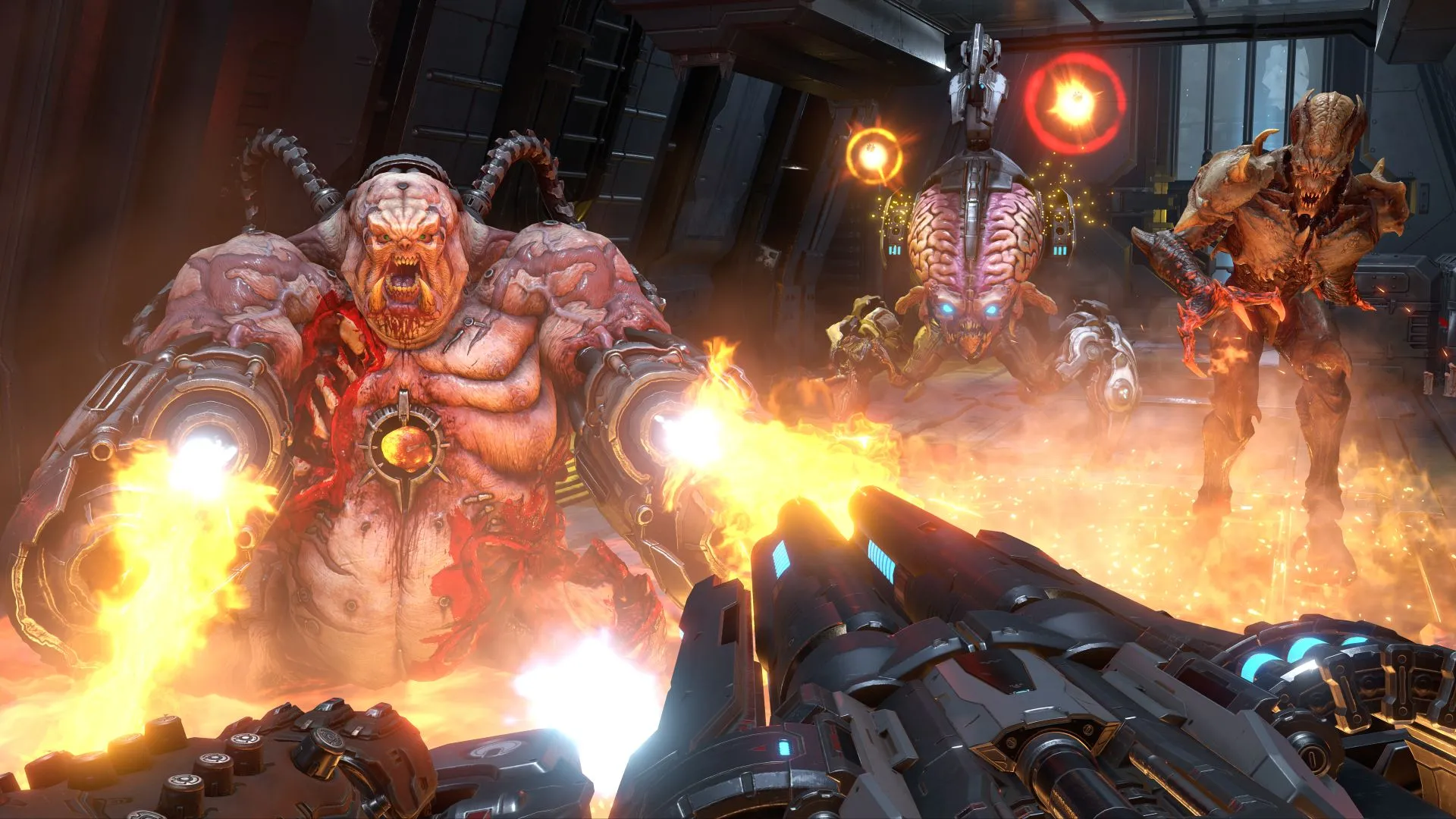 Chế độ multiplayer trong Doom Eternal với Doom Slayer chiến đấu chống lại ba con quỷ lớn