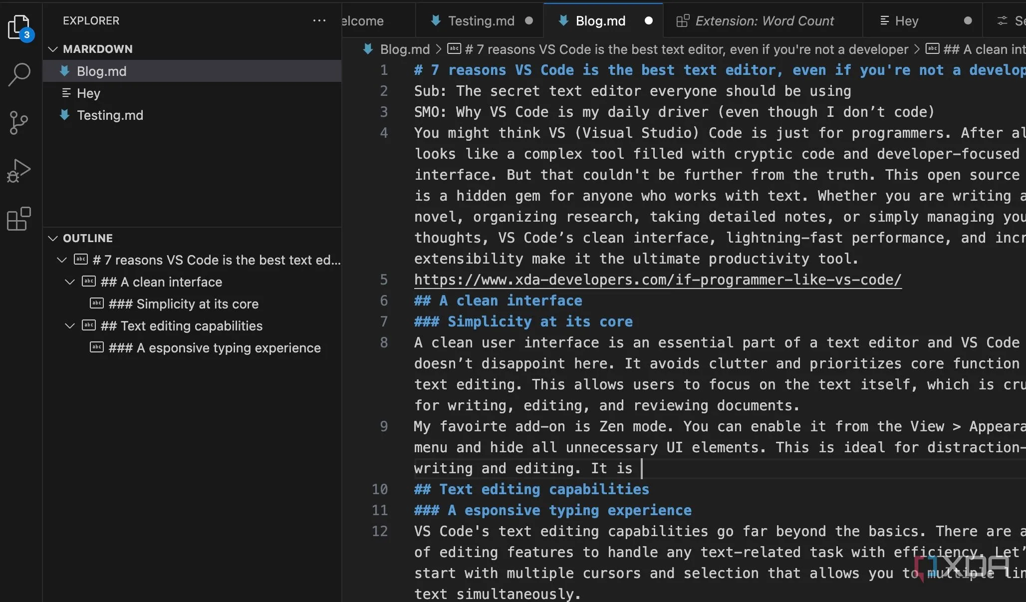 Chế độ Outline trong VS Code giúp điều hướng cấu trúc tài liệu một cách hiệu quả