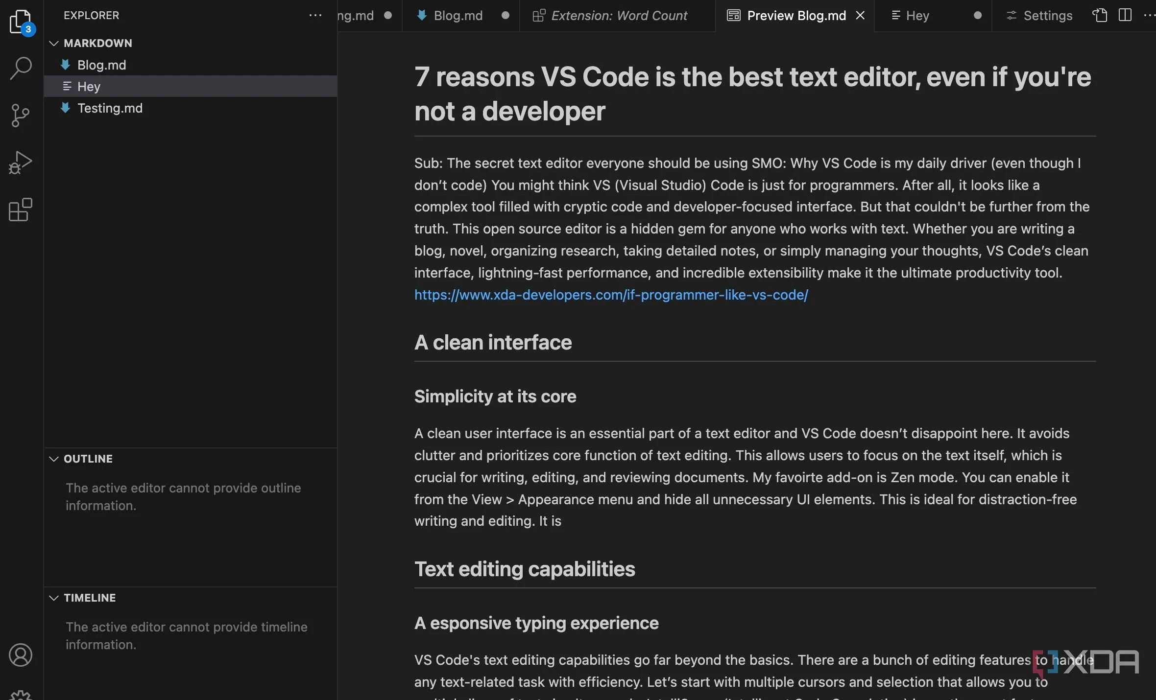 Chế độ xem trước Markdown trong VS Code hiển thị tài liệu với các tiêu đề và định dạng