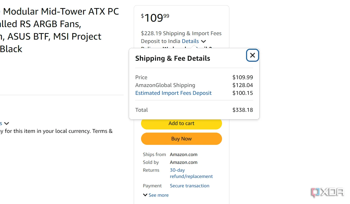 Chi phí vận chuyển vỏ case PC trên Amazon