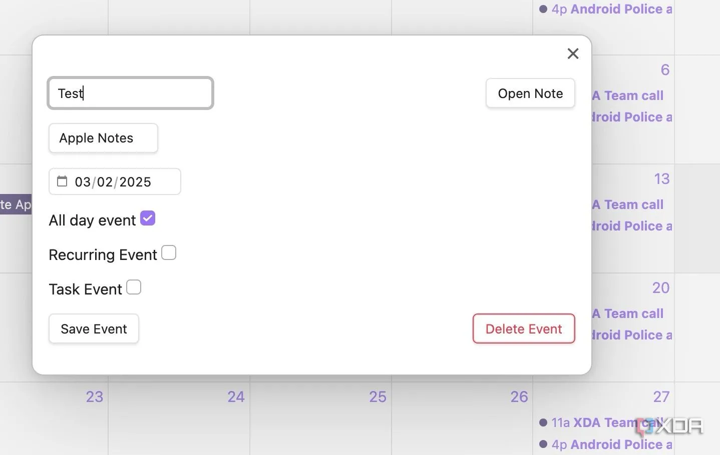 Chi tiết sự kiện trên Plugin Full Calendar trong Obsidian, cho phép đặt tên, thời gian và tùy chọn
