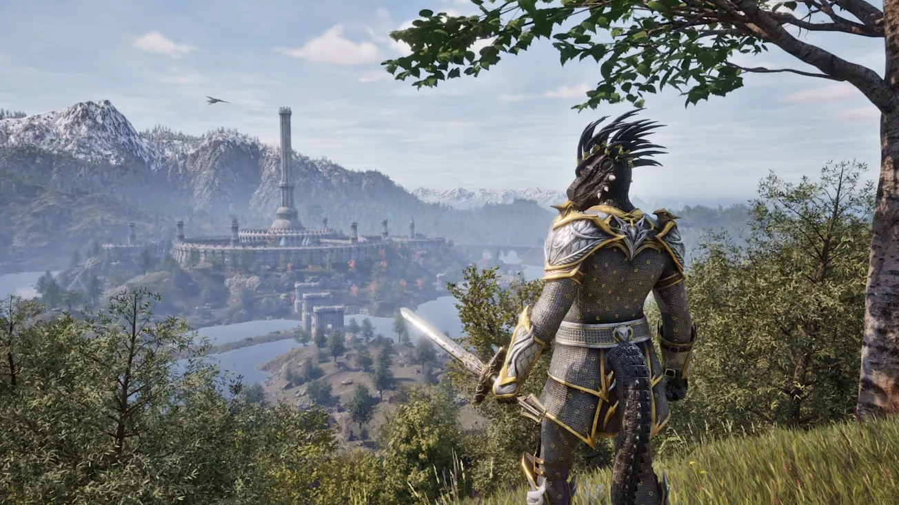 Chiến binh chủng tộc thằn lằn (Argonian) ngắm nhìn thành phố cổ kính trong Oblivion Remastered, bối cảnh quen thuộc của game.