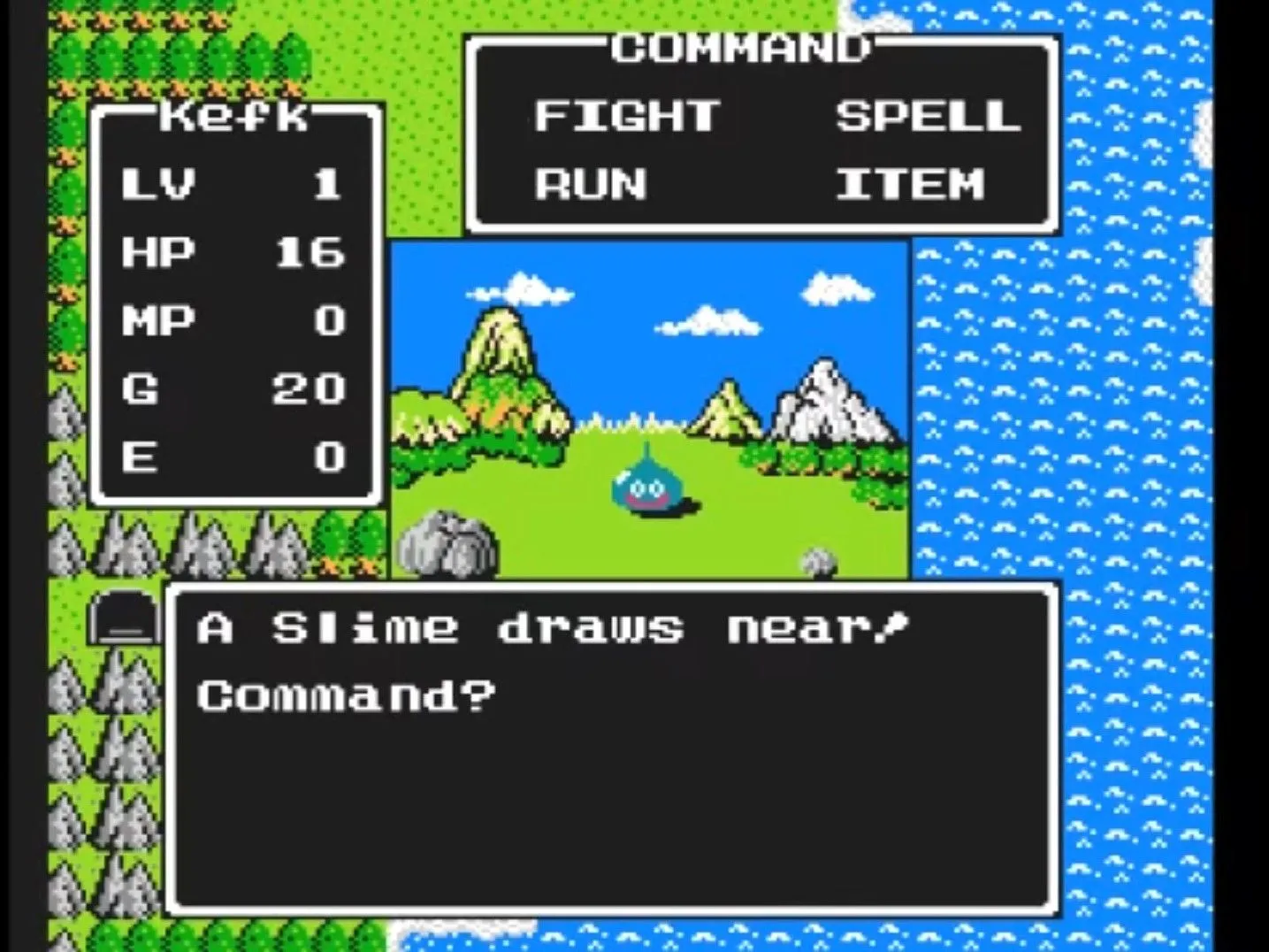 Chiến binh trong Dragon Warrior đối đầu với quái vật Slime, hình ảnh quen thuộc của game nhập vai cổ điển trên NES.