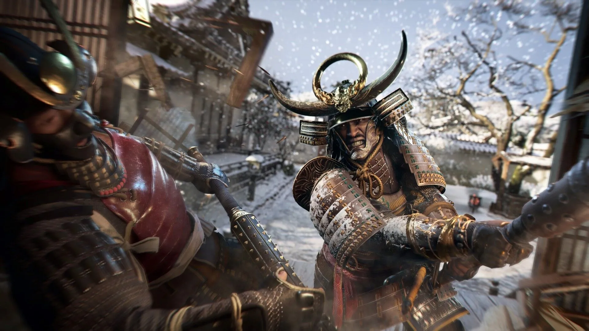Chiến binh Yasuke trong trang phục giáp trụ chiến đấu với kẻ thù trong Assassin's Creed Shadows, thể hiện phong cách cận chiến mạnh mẽ.