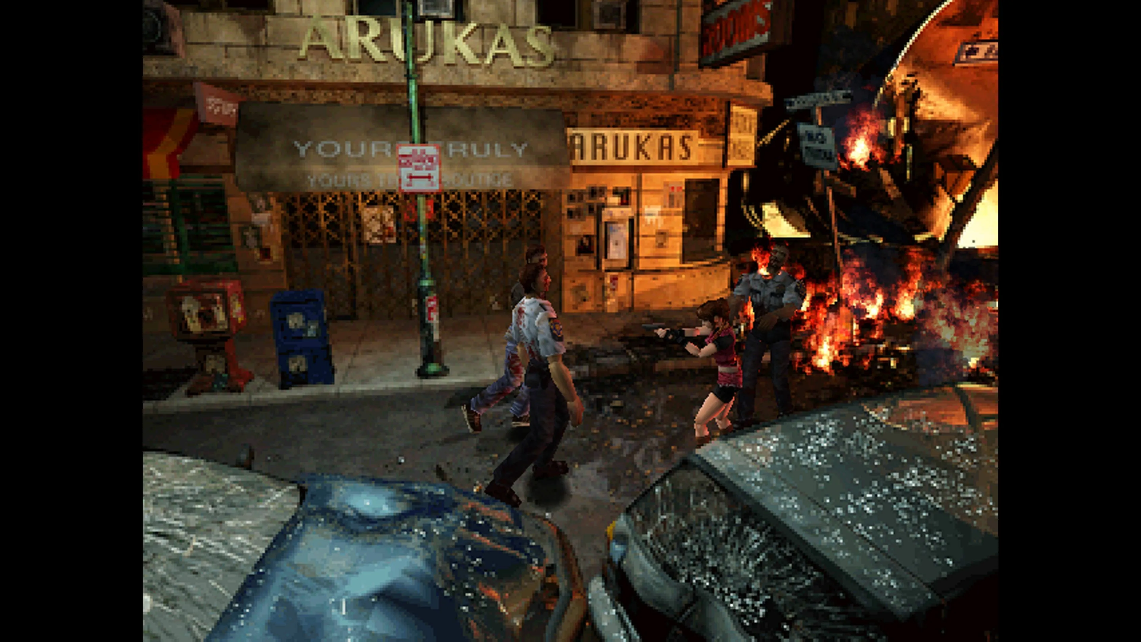 Claire Redfield đối mặt với zombie trên đường phố Raccoon City trong Resident Evil 2 PS1