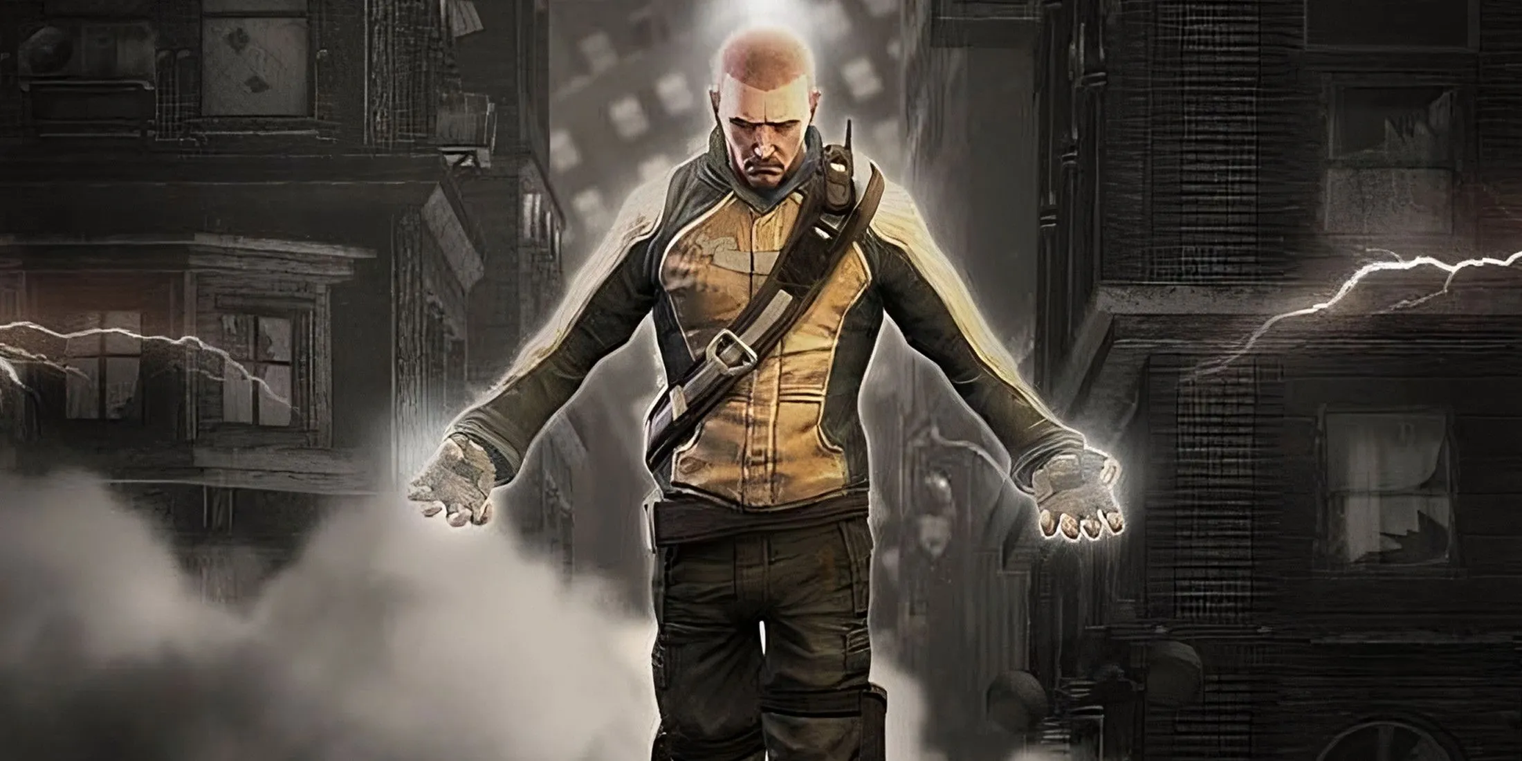 Cole McGrath sử dụng năng lượng điện bùng nổ trong một cảnh hành động của game Infamous