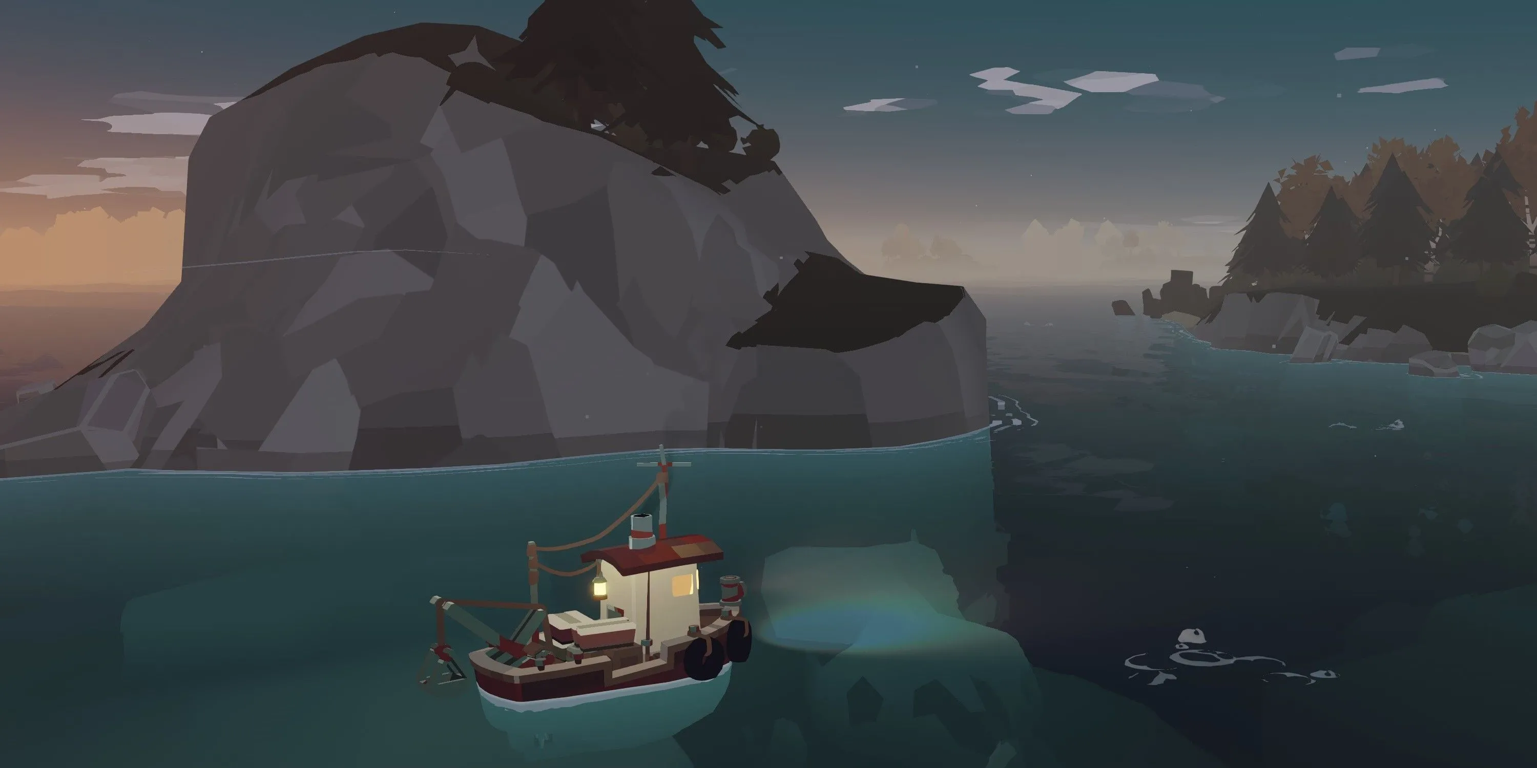 Con tàu đánh cá đơn độc trên biển trong game Dredge, gợi lên không khí bí ẩn và căng thẳng của game.