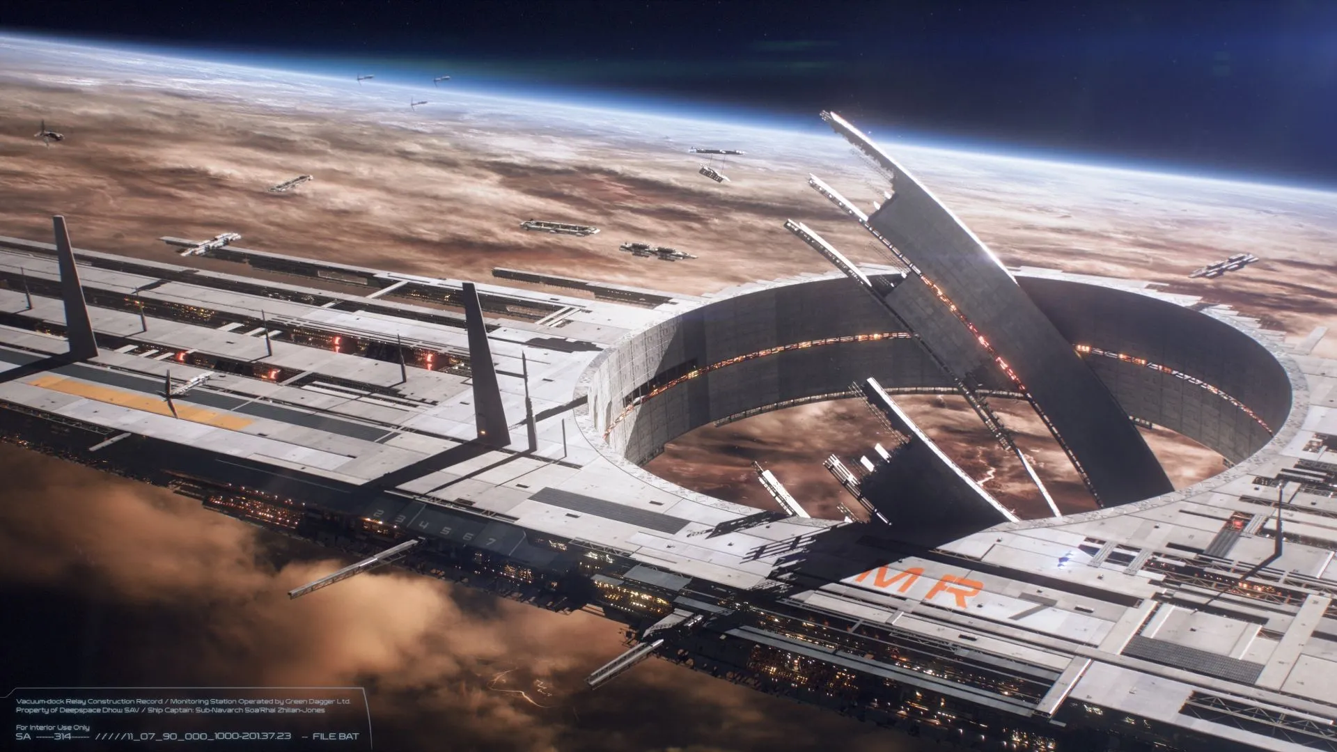 Concept art được Bioware chia sẻ vào N7 Day 2022, gợi ý về một trạm không gian hoặc Mass Relay được xây dựng lại trong Mass Effect 5